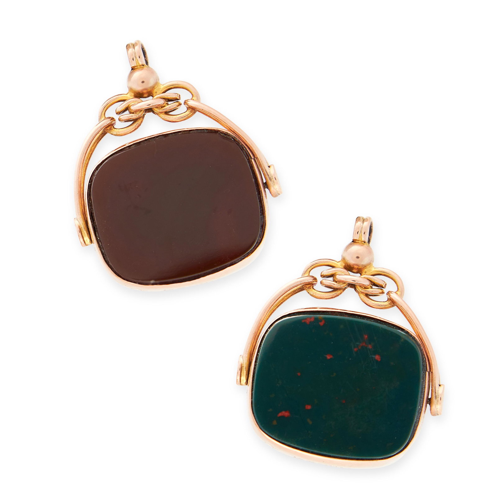 AN ANTIQUE HARDSTONE FOB PENDANT AND AN ANTIQUE: AN ANTIQUE HARDSTONE FOB PENDANT AND AN ANTIQUE HARDSTONE RING in yellow gold, the fob set with a polished piece of carnelian and a polished piece of bloodstone, the ring set with a carved hardstone, 