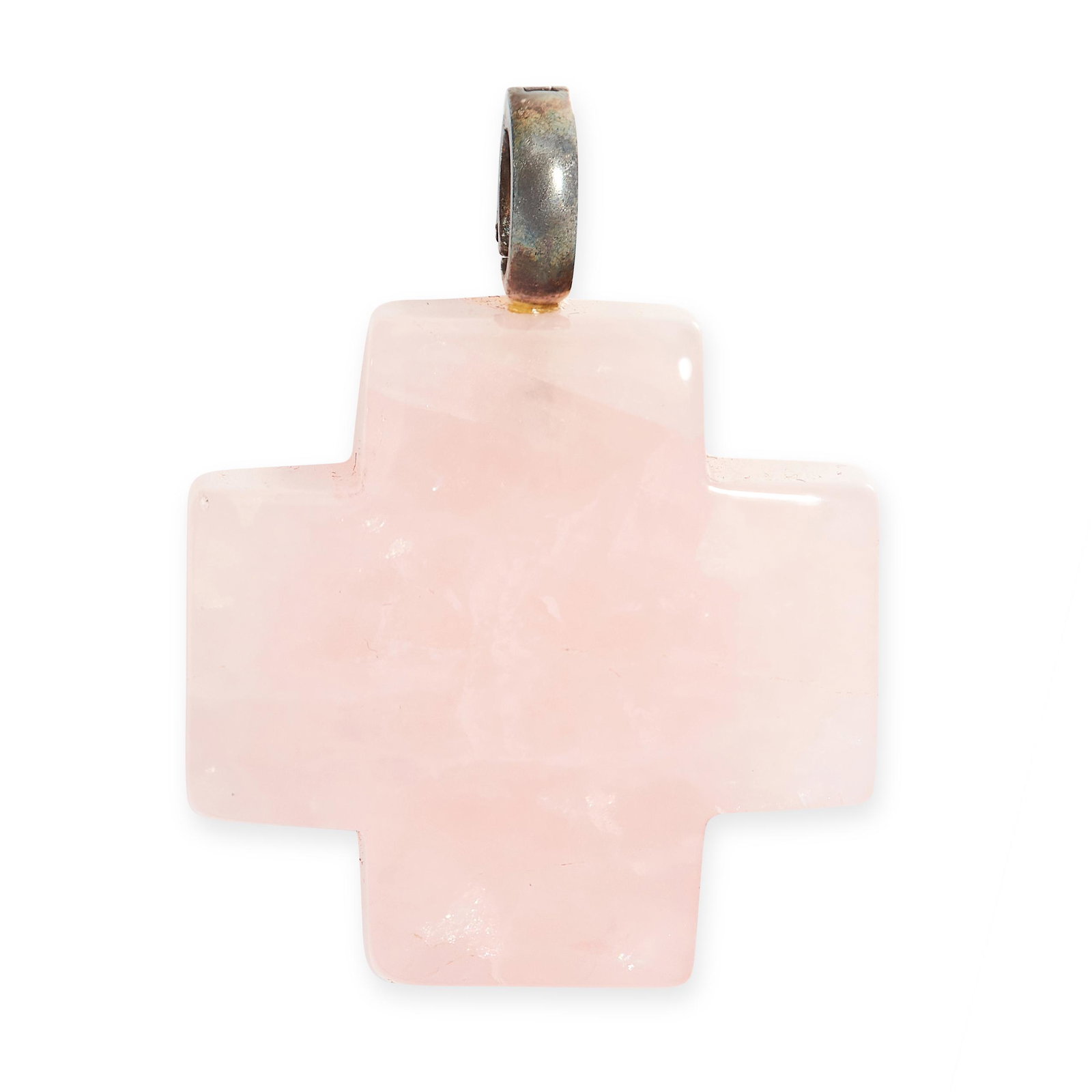 A ROSE QUARTZ CROSS PENDANT set with a polished rose: A ROSE QUARTZ CROSS PENDANT set with a polished rose quartz cross, no assay marks, 3.8cm, 10.3g.