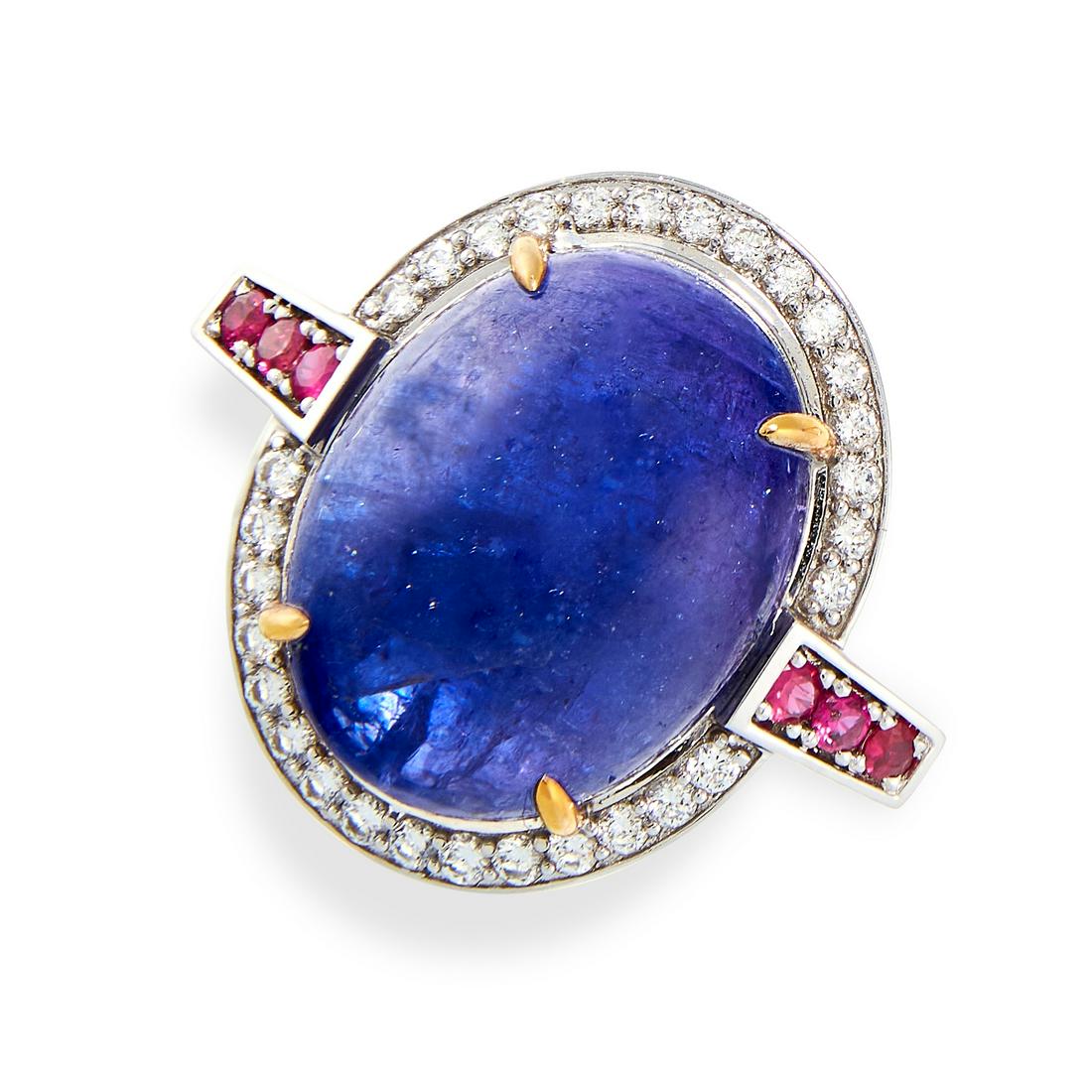A TANZANITE, RUBY AND DIAMOND RING in 18ct white gold, (1 of 1)