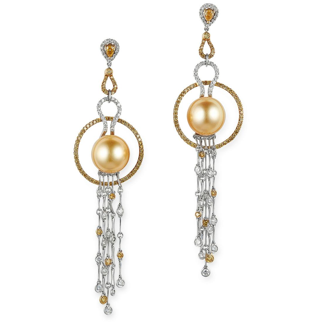 NO RESERVE - A PAIR OF YELLOW DIAMOND, WHITE DIAMOND: NO RESERVE - A PAIR OF YELLOW DIAMOND, WHITE DIAMOND AND PEARL DROP EARRINGS in yellow gold and white gold, each set with a golden pearl of 12.0mm in a border of pear cut and round cut yellow and whit