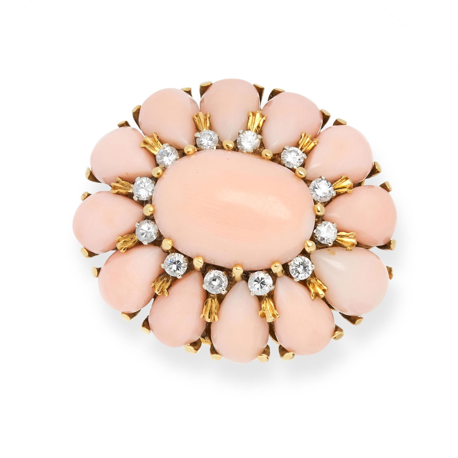 A VINTAGE CORAL AND DIAMOND RING in 18ct yellow gold, (1 of 2)