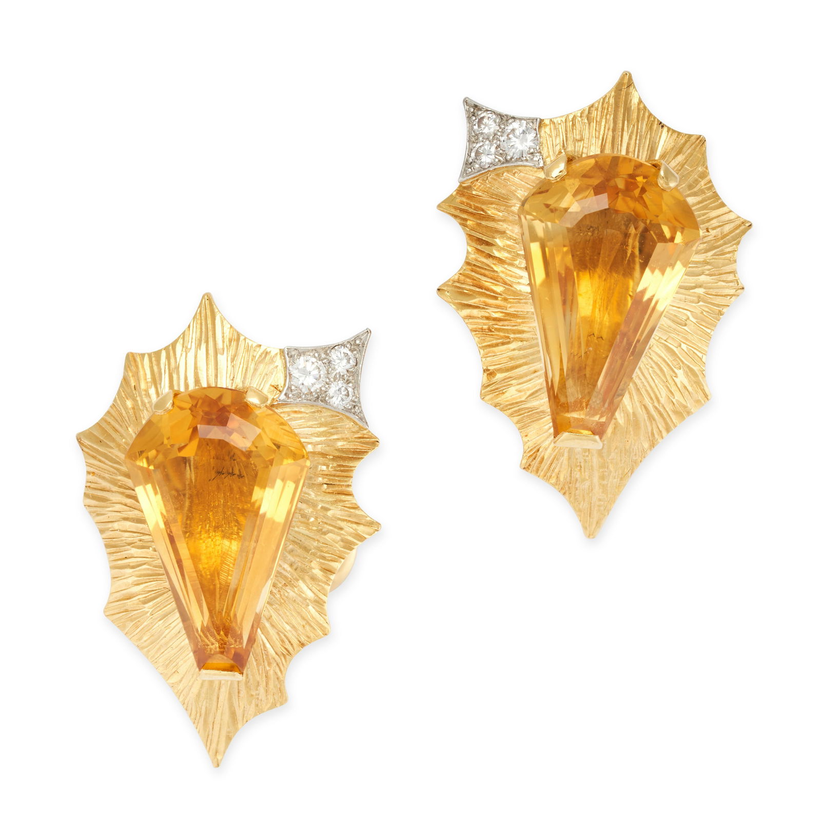 A PAIR OF VINTAGE CITRINE AND DIAMOND EARRINGS, ANDREW: A PAIR OF VINTAGE CITRINE AND DIAMOND EARRINGS, ANDREW GRIMA 1969 in 18ct yellow gold, each set with a fancy shaped hexagonal step cut citrine within scalloped textured gold borders, accented by round
