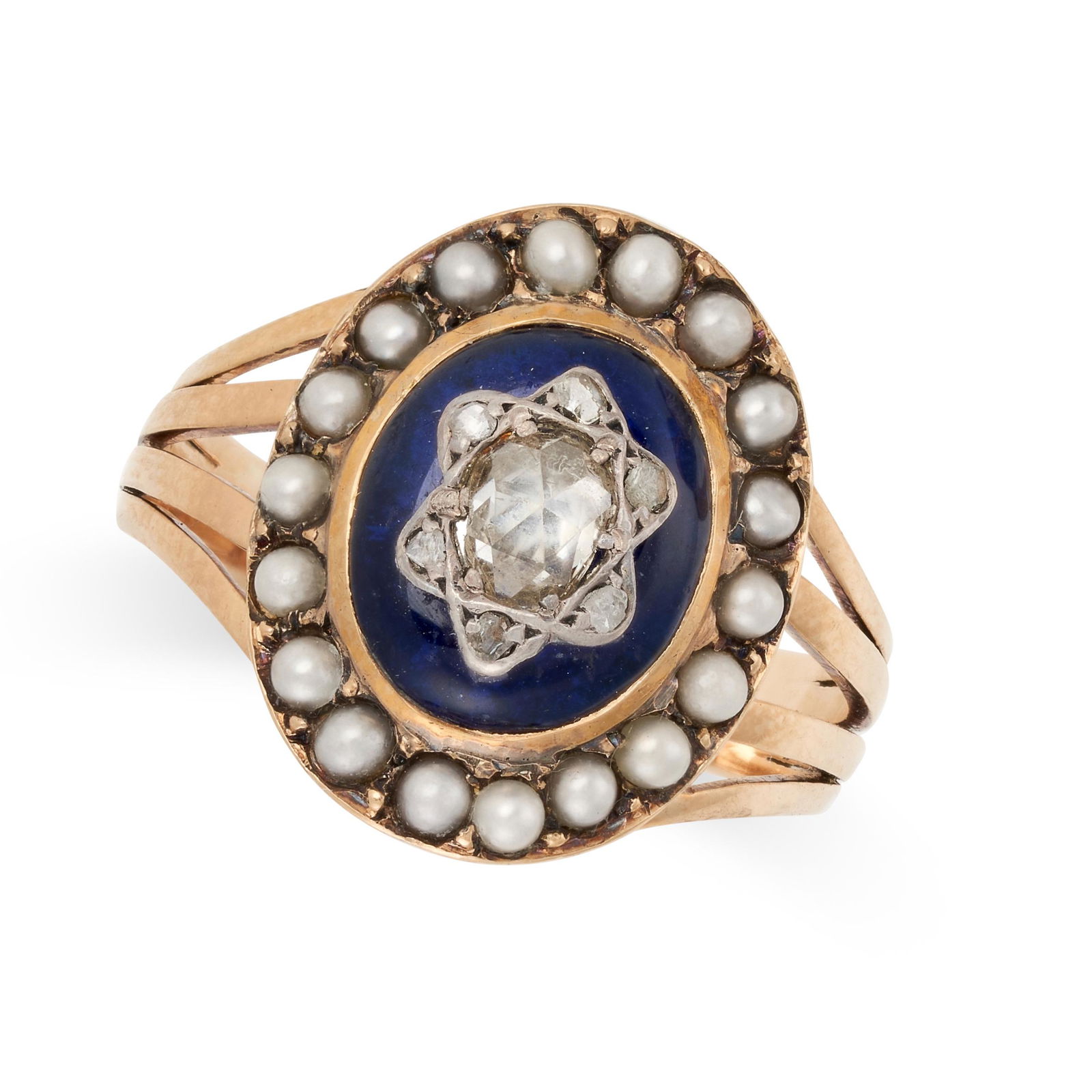 AN ANTIQUE DIAMOND AND PEARL BAGUE DE FIRMAMENT RING, (1 of 2)