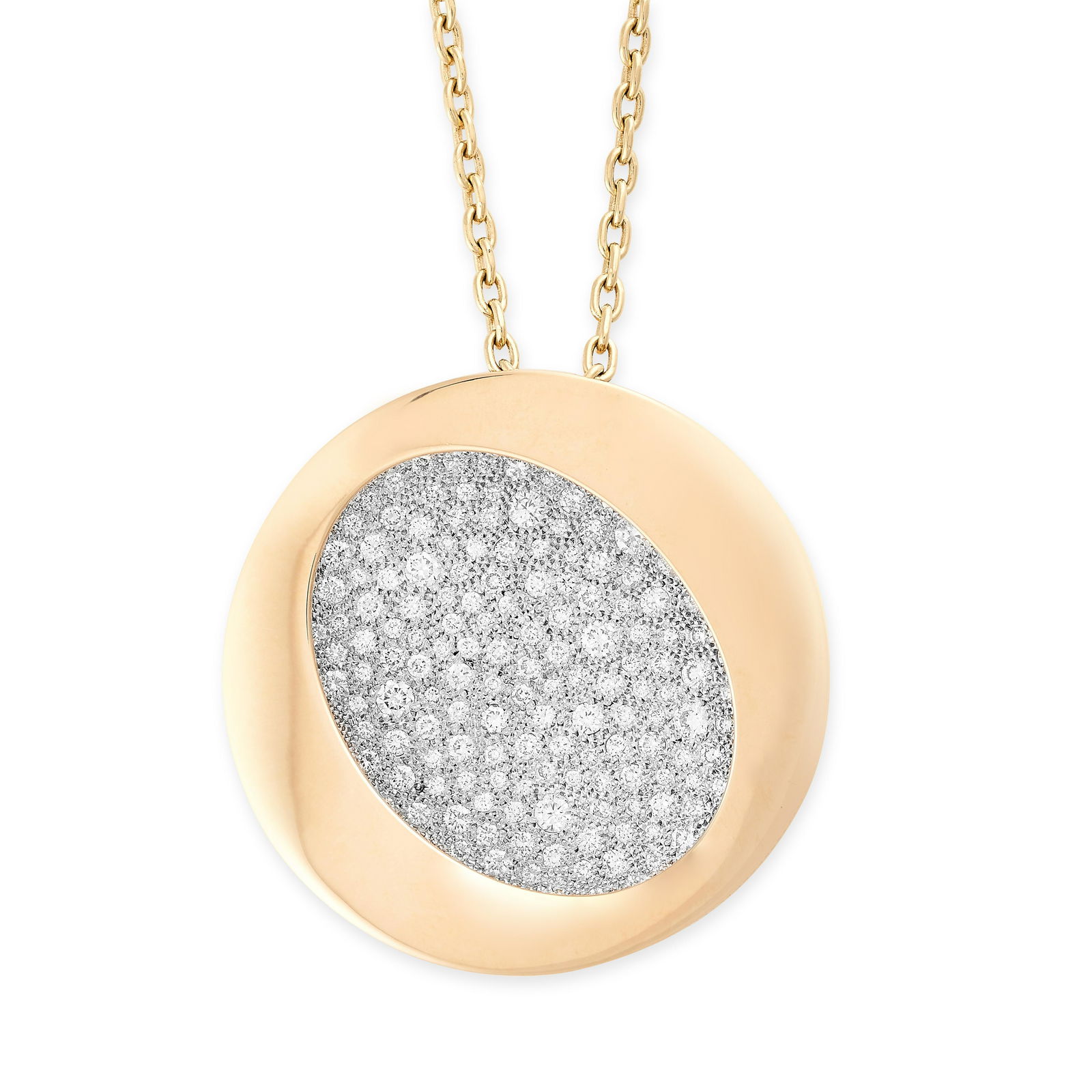 AN ATOLLI DIAMOND PENDANT AND CHAIN, ANTONINI in 18ct: AN ATOLLI DIAMOND PENDANT AND CHAIN, ANTONINI in 18ct yellow gold, the circular pendant with an oval aperture reminiscent of the typical shape of an atoll and lagoon, jewelled to the inside with round