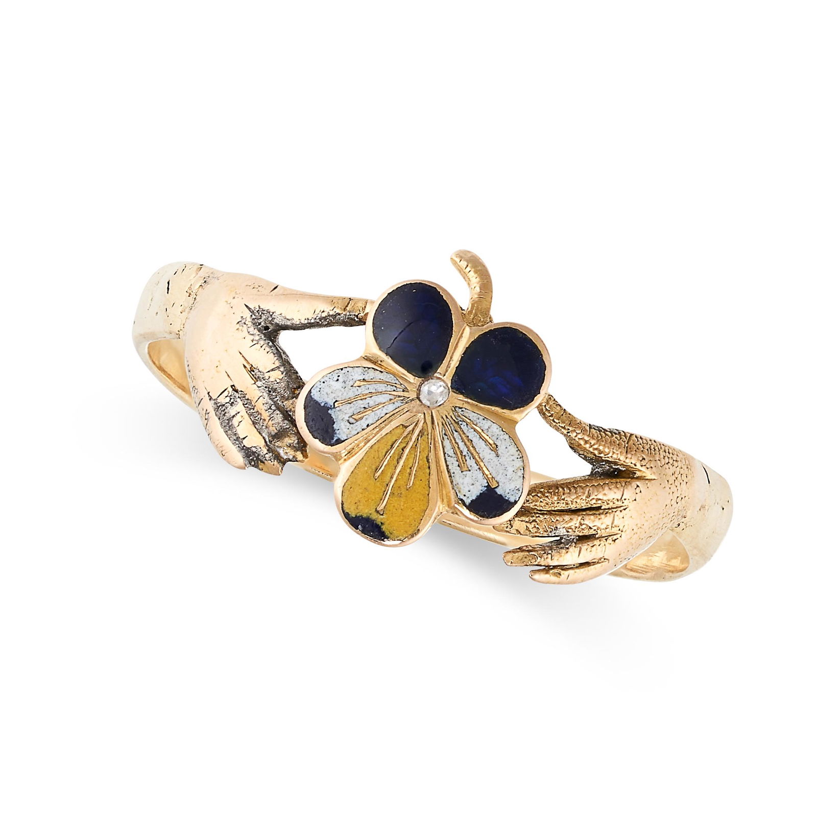 AN ANTIQUE DIAMOND AND ENAMEL PANSY FEDE RING, 19TH (1 of 2)