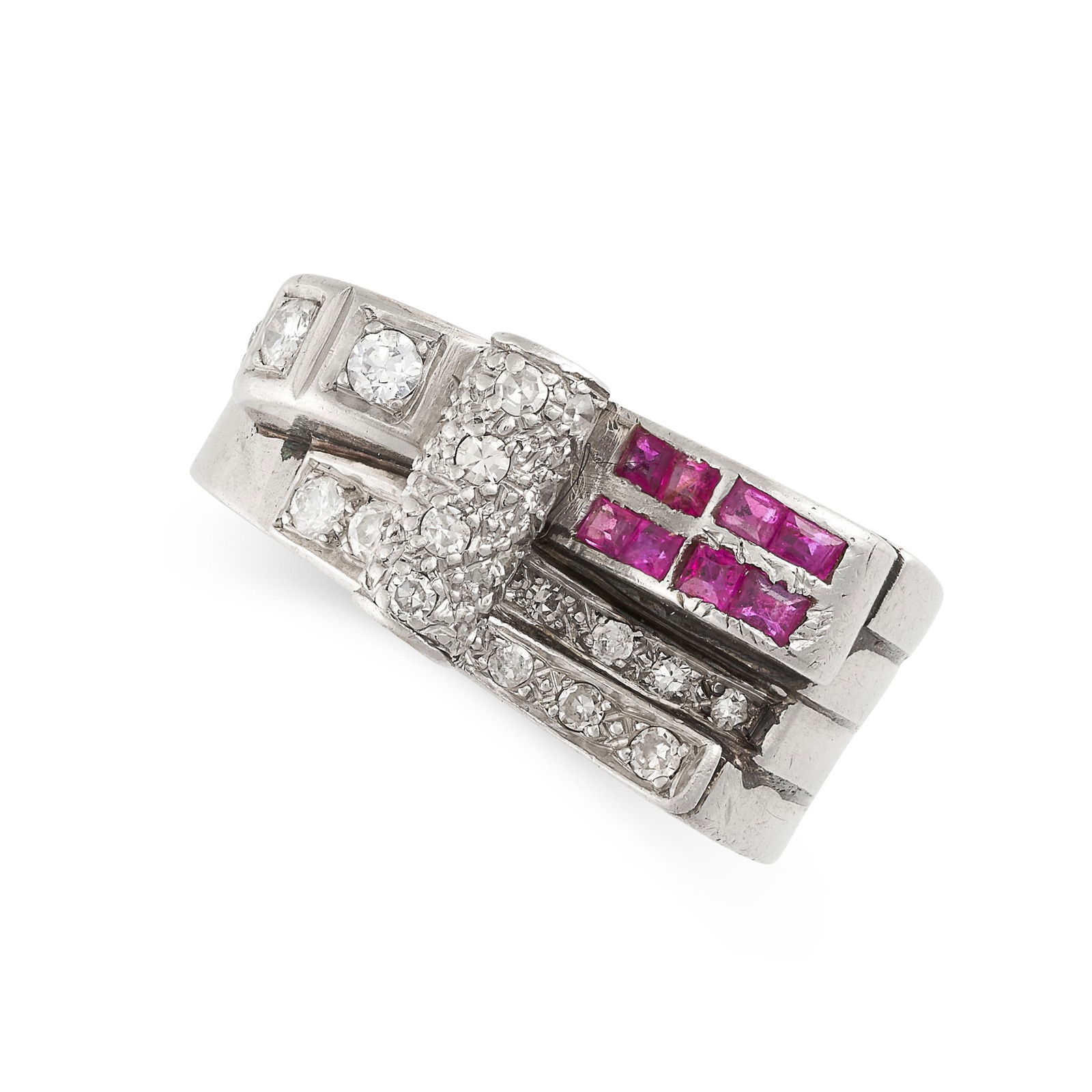 AN ART DECO RUBY AND DIAMOND SCROLL RING, 1930S (1 of 2)