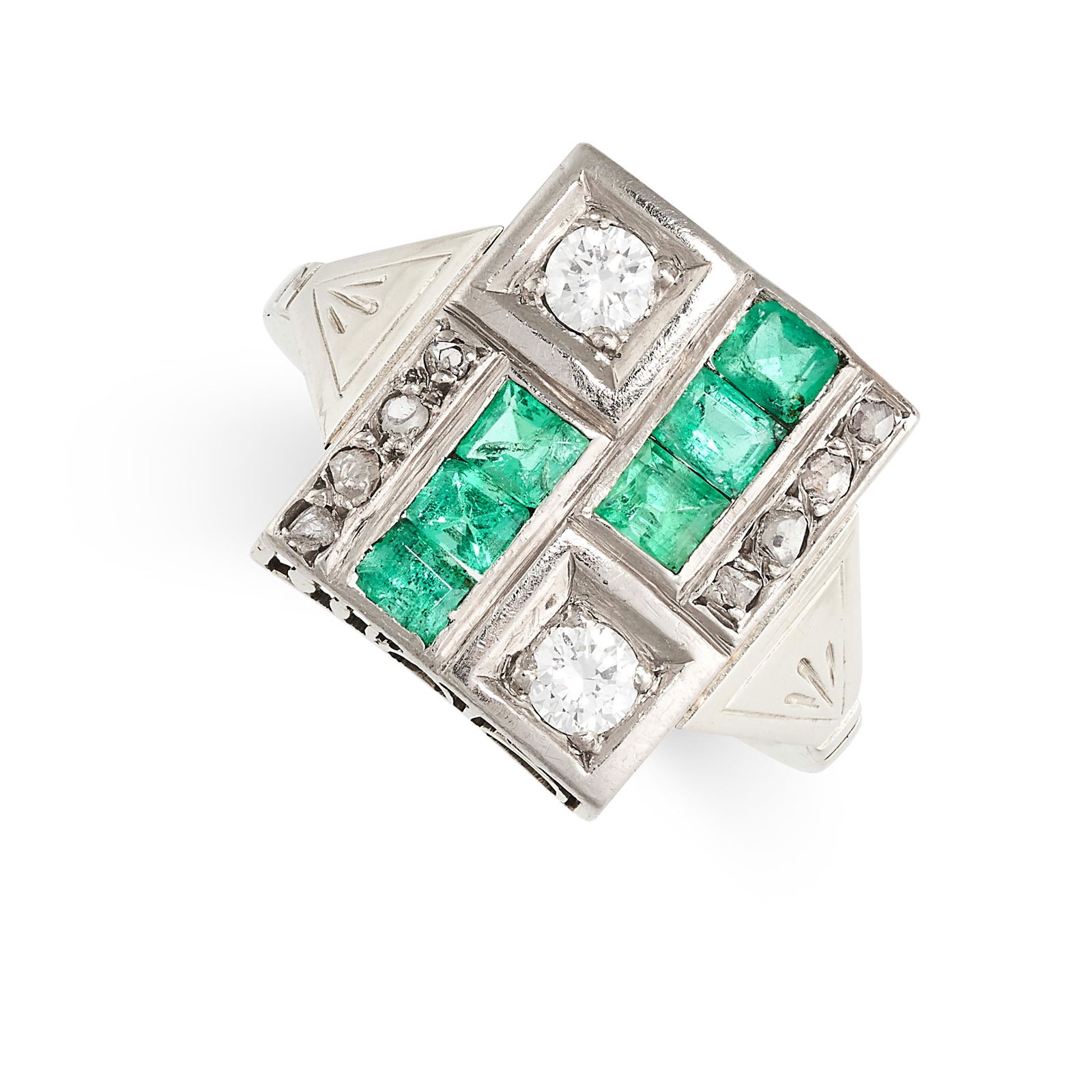 A GEOMETRIC EMERALD AND DIAMOND RING  Scrolled gallery, (1 of 2)