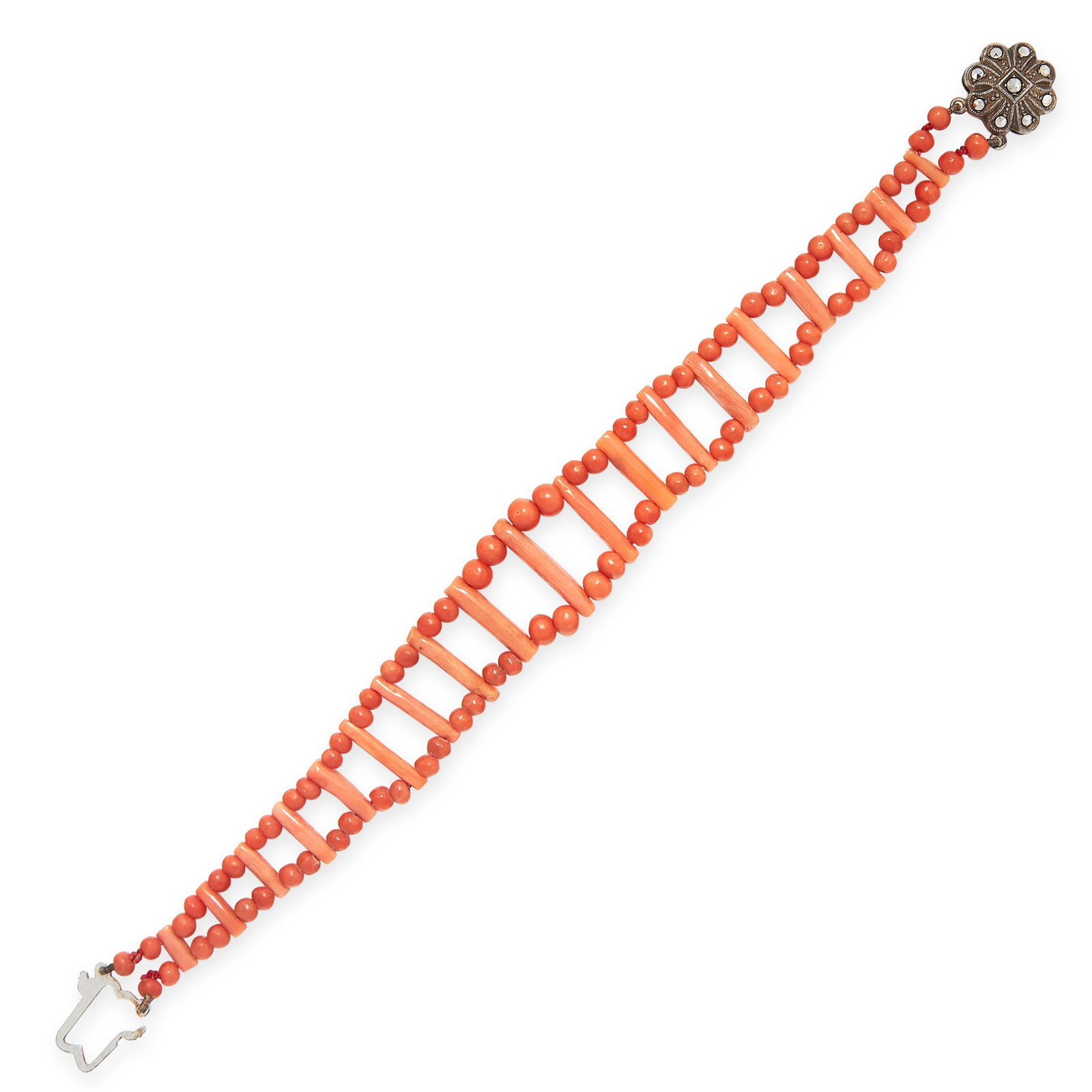 A CORAL BRACELET With marcasite set clasp Polished: A CORAL BRACELET With marcasite set clasp Polished coral batons and beads Stamped silver Length 185mm 11.3 grams