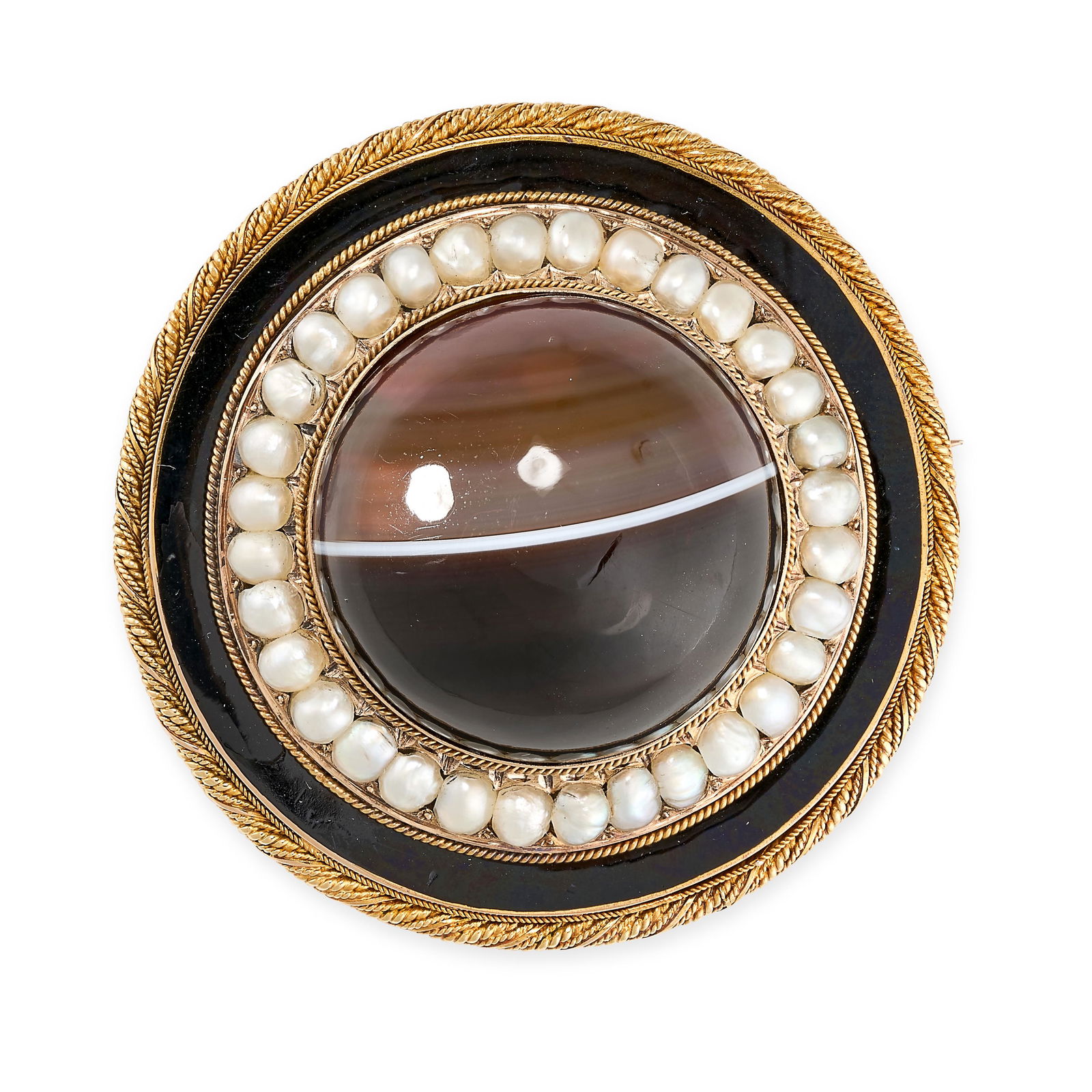 AN ANTIQUE BANDED AGATE, PEARL AND ENAMEL HAIRWORK: AN ANTIQUE BANDED AGATE, PEARL AND ENAMEL HAIRWORK MOURNING LOCKET BROOCH, CIRCA 1865 Glass covered locket panel to the reverse containing hairwork Circular cabochon banded agate Half pearls Black ena