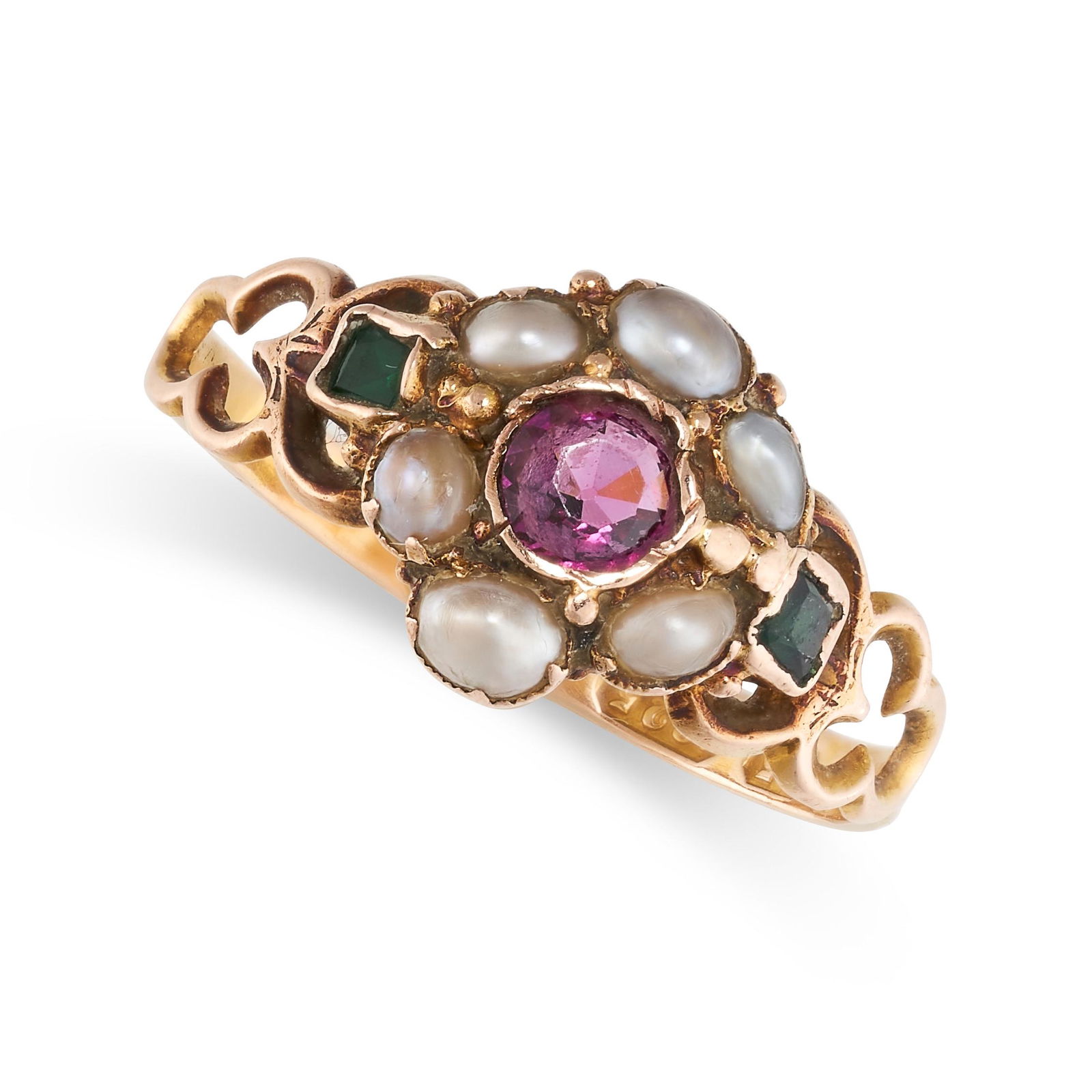 AN ANTIQUE VICTORIAN GARNET, PEARL AND EMERALD RING, (1 of 2)