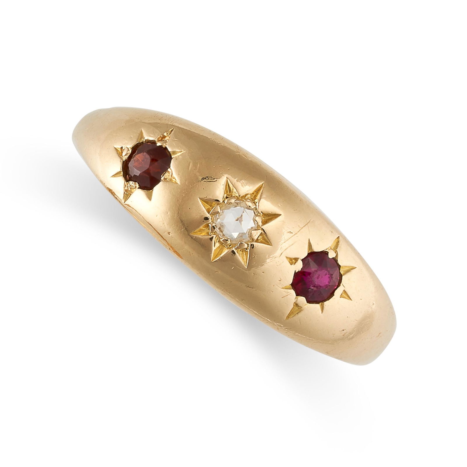AN ANTIQUE RUBY AND DIAMOND GYPSY RING   Circular-cut (1 of 2)