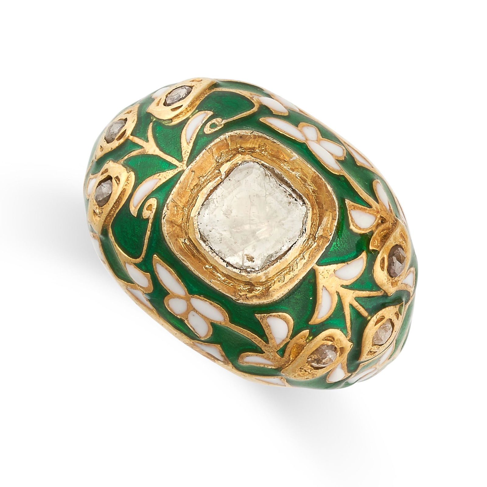 A FLORAL DIAMOND AND ENAMEL RING   Rose-cut diamonds (1 of 2)