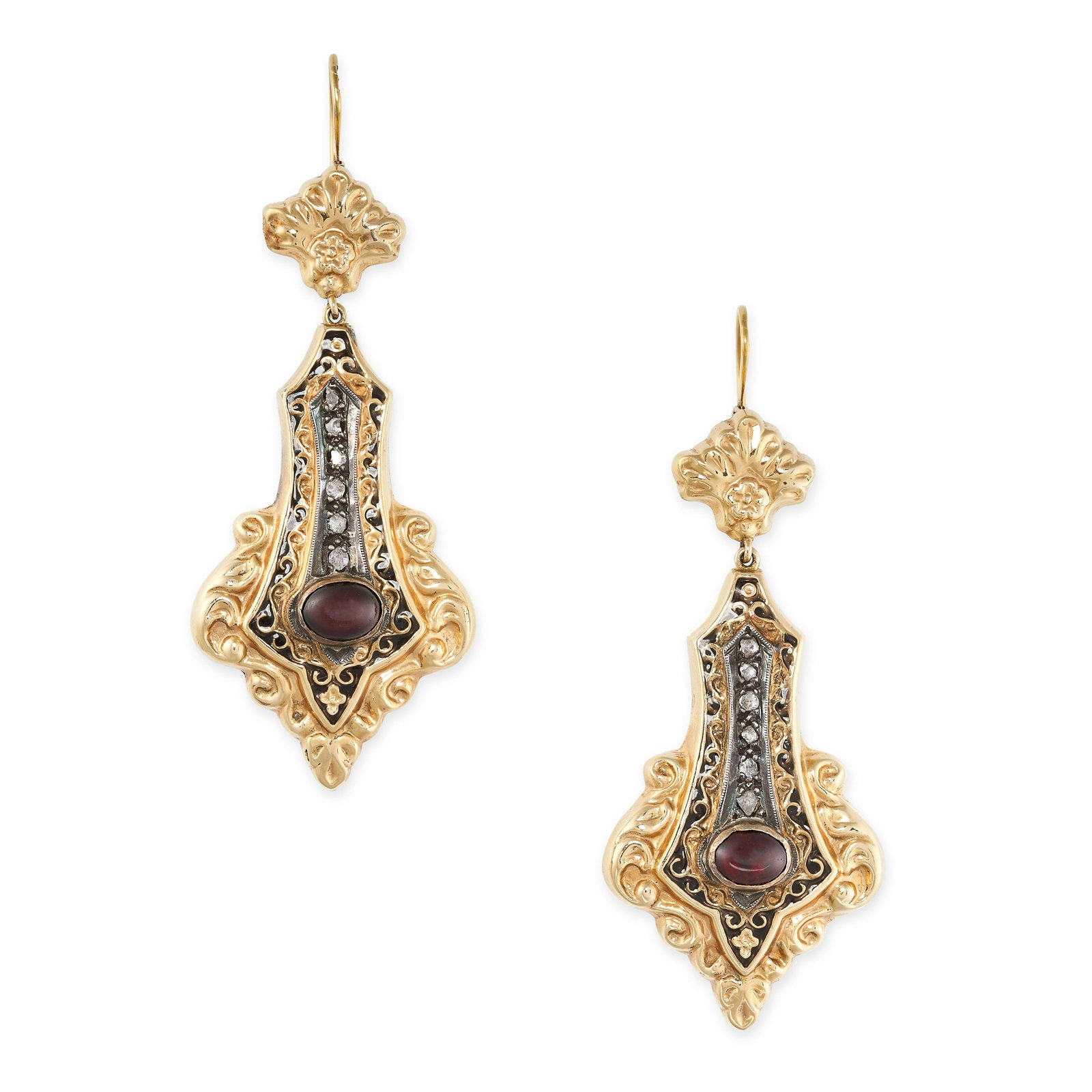 A PAIR OF GARNET, ENAMEL AND DIAMOND DROP EARRINGS: A PAIR OF GARNET, ENAMEL AND DIAMOND DROP EARRINGS Hook fittings, stamped construction Cabochon garnets Rose-cut diamonds Black enamel Marked indistinctly 585 Length 74mm 15.4 grams