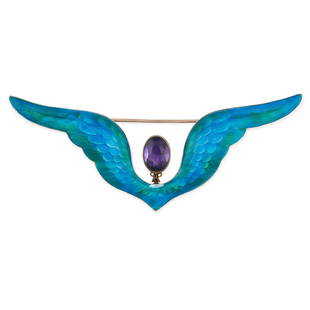 ATTRIBUTED TO CHILD AND CHILD, AN ANTIQUE AMETHYST AND: ATTRIBUTED TO CHILD AND CHILD, AN ANTIQUE AMETHYST AND ENAMEL WING BROOCH Detachable amethyst Oval-cut amethyst Blue and green enamel (restored) No assay marks, unsigned Length 102mm 25.0 grams