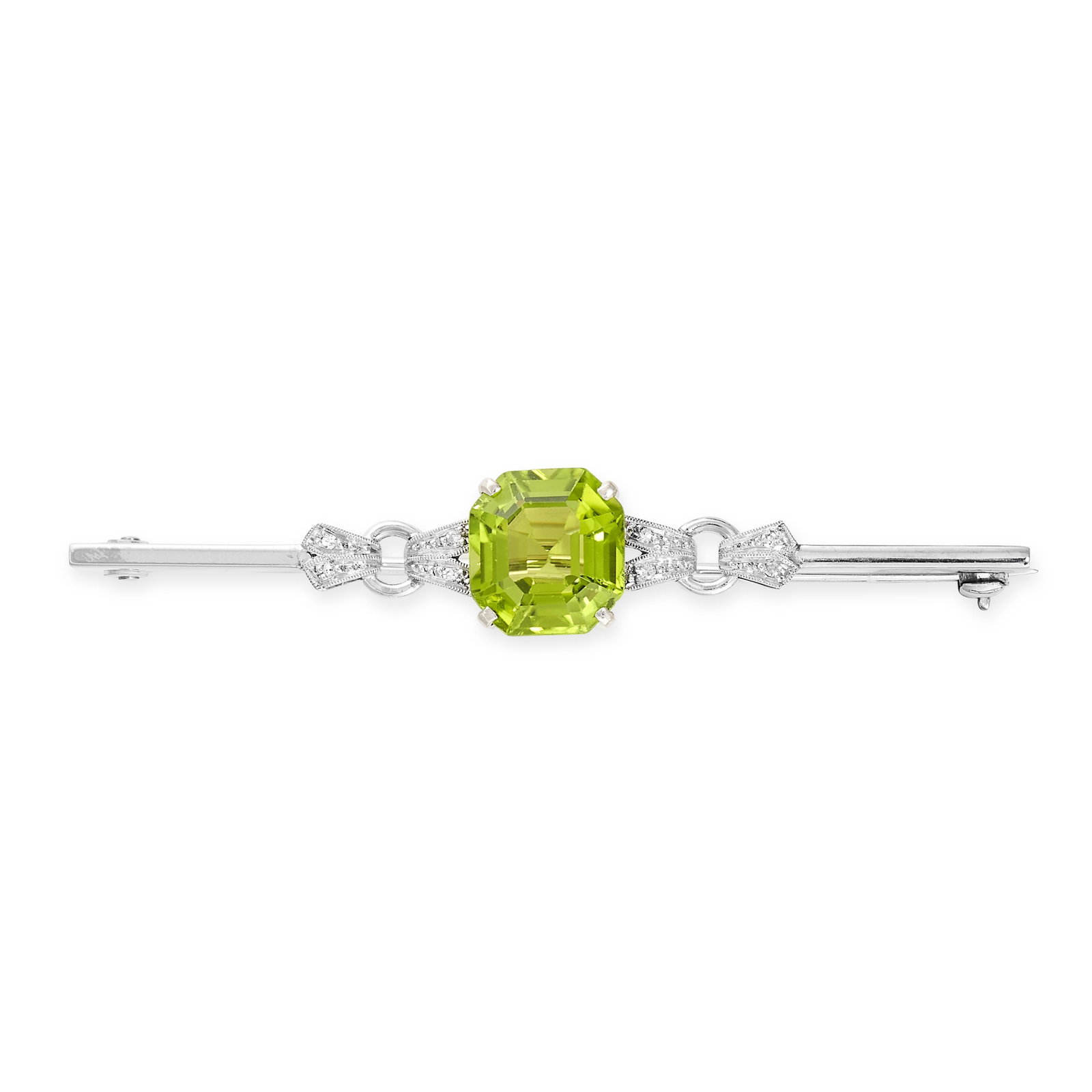 NO RESERVE - A PERIDOT AND DIAMOND BAR BROOCH, EARLY: NO RESERVE - A PERIDOT AND DIAMOND BAR BROOCH, EARLY 20TH CENTURY, Made in 18 carat white gold and platinum, Octagonal step cut peridot, weighing approximately 3.71 carats, Single cut diamonds, Stampe
