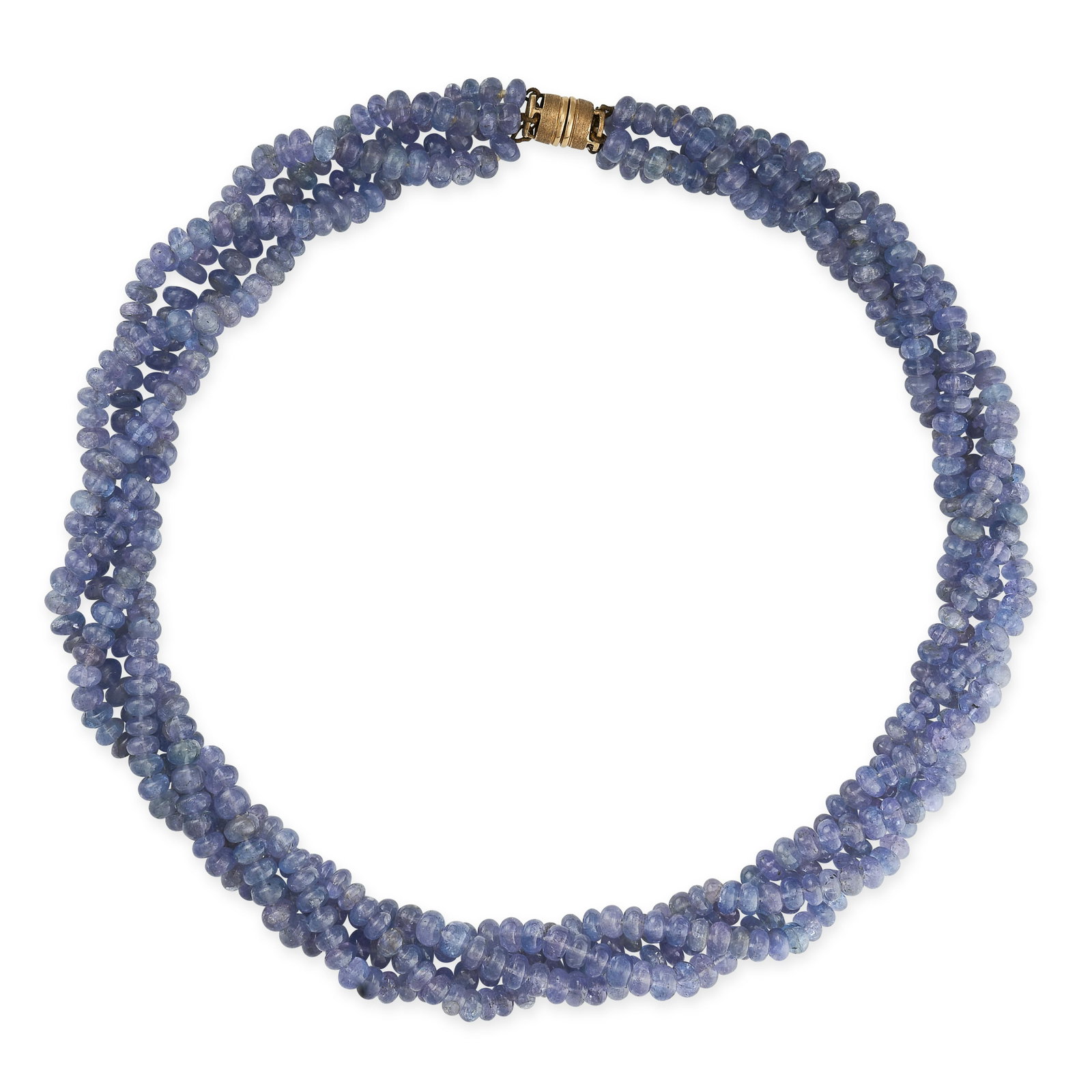 NO RESERVE - A TANZANITE BEAD TORSADE NECKLACE: NO RESERVE - A TANZANITE BEAD TORSADE NECKLACE, Four rows of polished tanzanite beads, approximate diameter 5.2mm, No assay marks, Length 465mm, Weight 103.2 grams