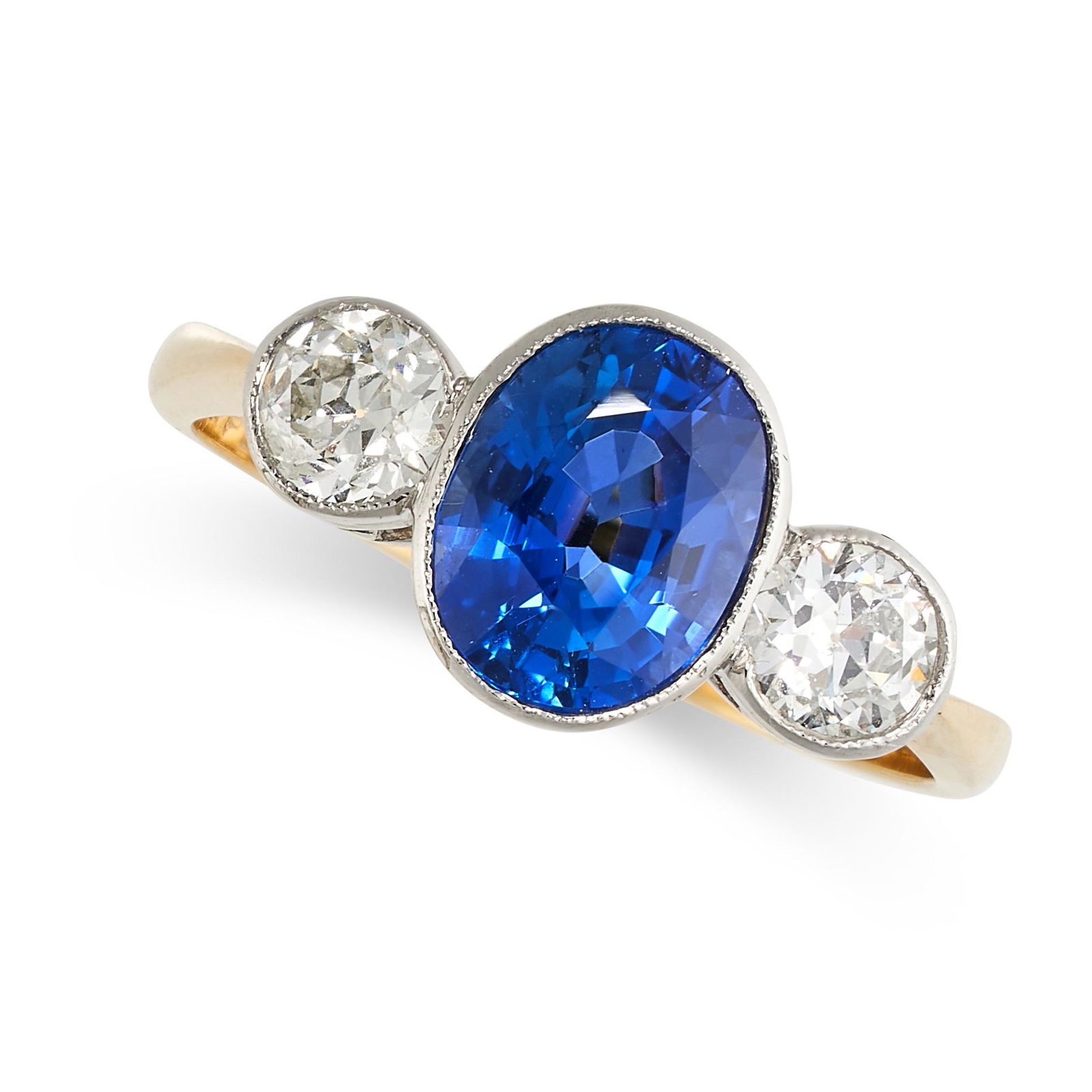 A SAPPHIRE AND DIAMOND THREE-STONE RING (1 of 4)