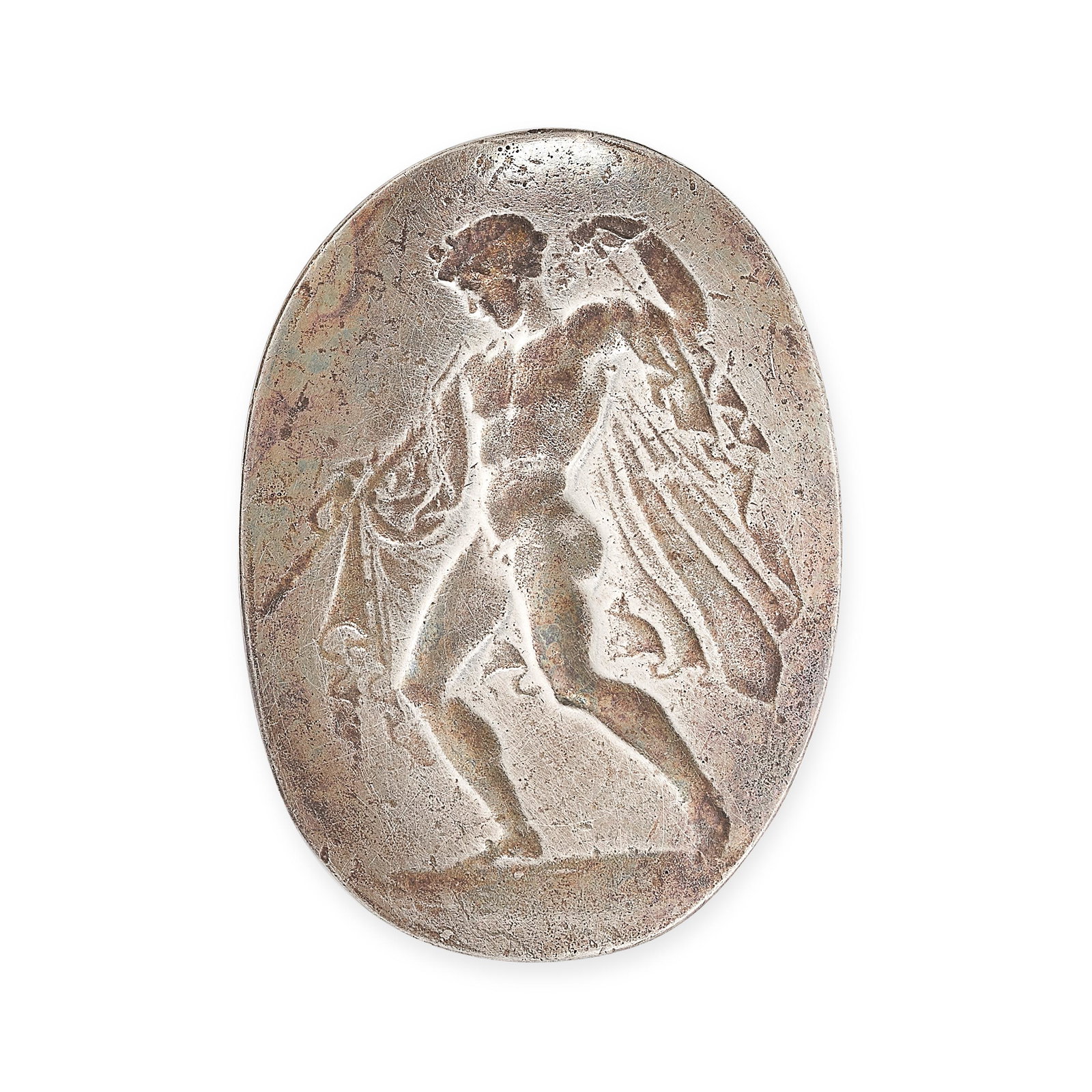 A SILVER INTAGLIO Depicting a figure of Bacchus in: A SILVER INTAGLIO Depicting a figure of Bacchus in profile No assay marks Length 33mm 15.8 grams