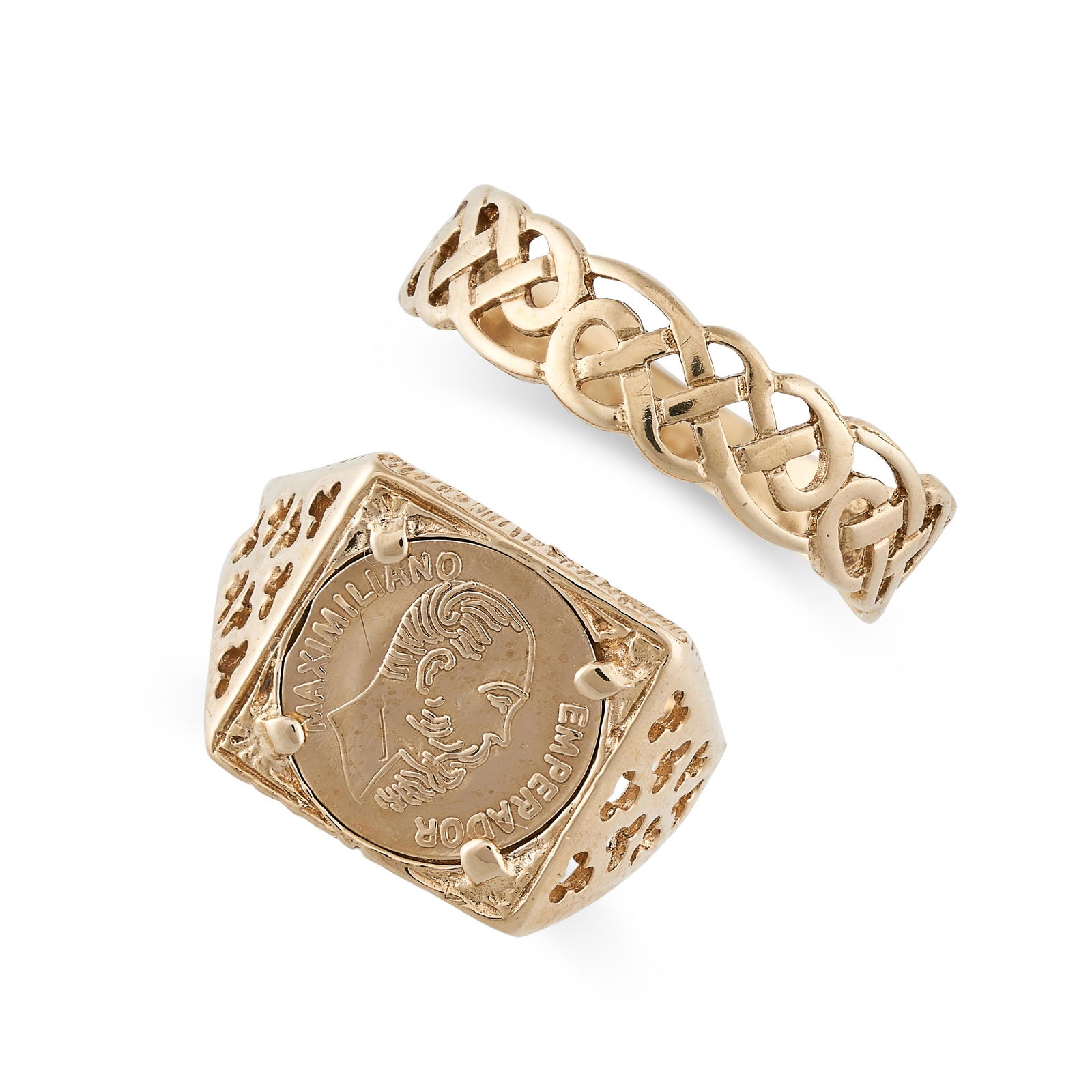 TWO GOLD DRESS RINGS   One with a miniature coin set to (1 of 2)