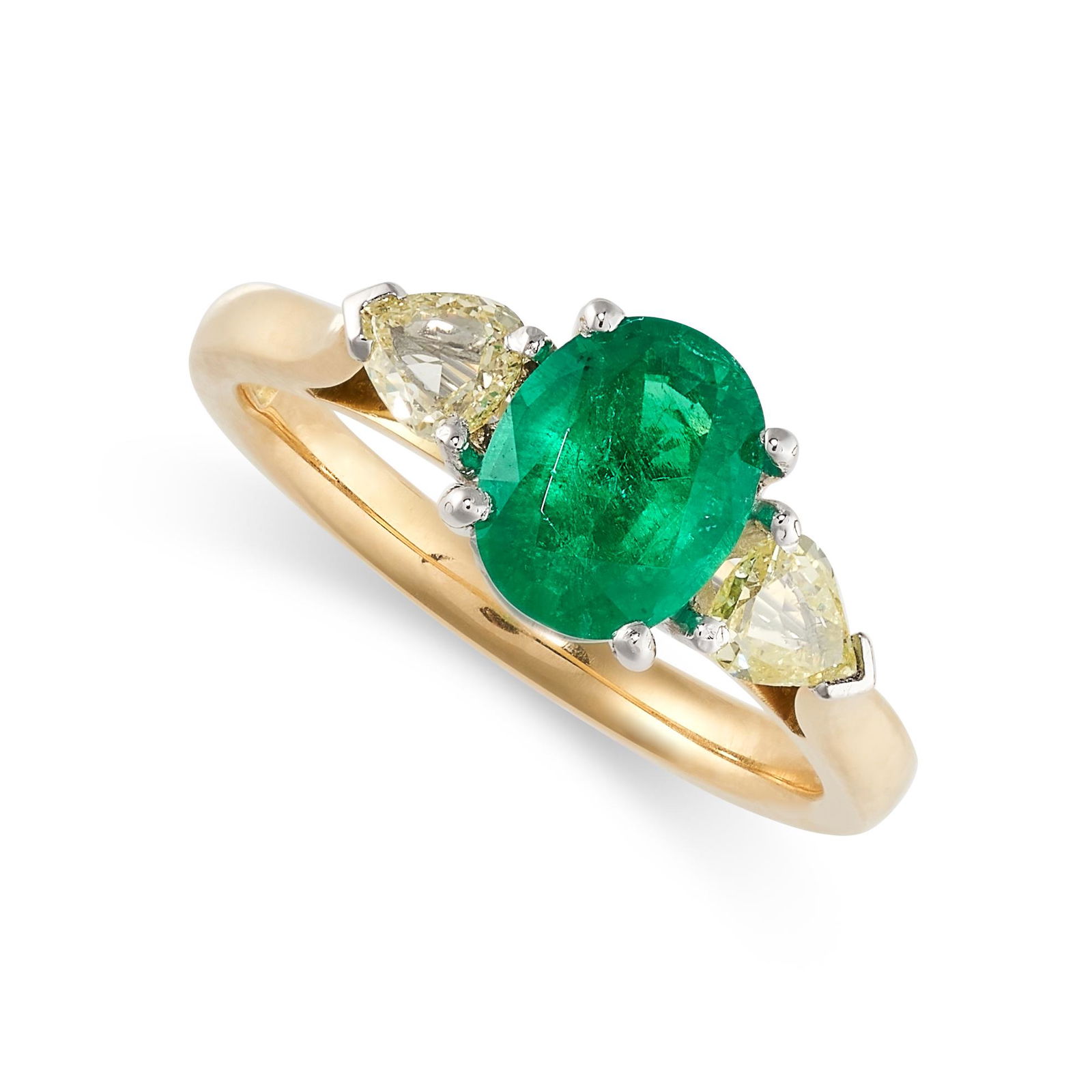 AN EMERALD AND YELLOW DIAMOND THREE STONE RING   Made (1 of 4)