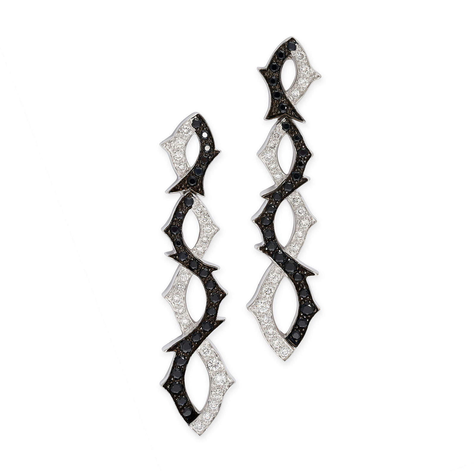 STEPHEN WEBSTER, A PAIR OF BLACK DIAMOND AND WHITE: STEPHEN WEBSTER, A PAIR OF BLACK DIAMOND AND WHITE DIAMOND EARRINGS Post fittings Brilliant cut black diamonds Brilliant cut white diamonds Signed SW, stamped 18K Length 45mm 12.1 grams