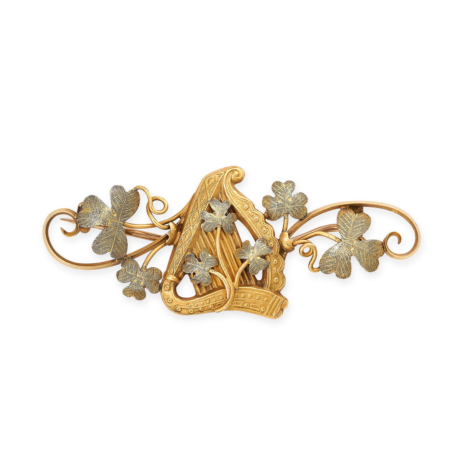 AN ANTIQUE IRISH HARP AND SHAMROCK BROOCH in 15ct (1 of 1)