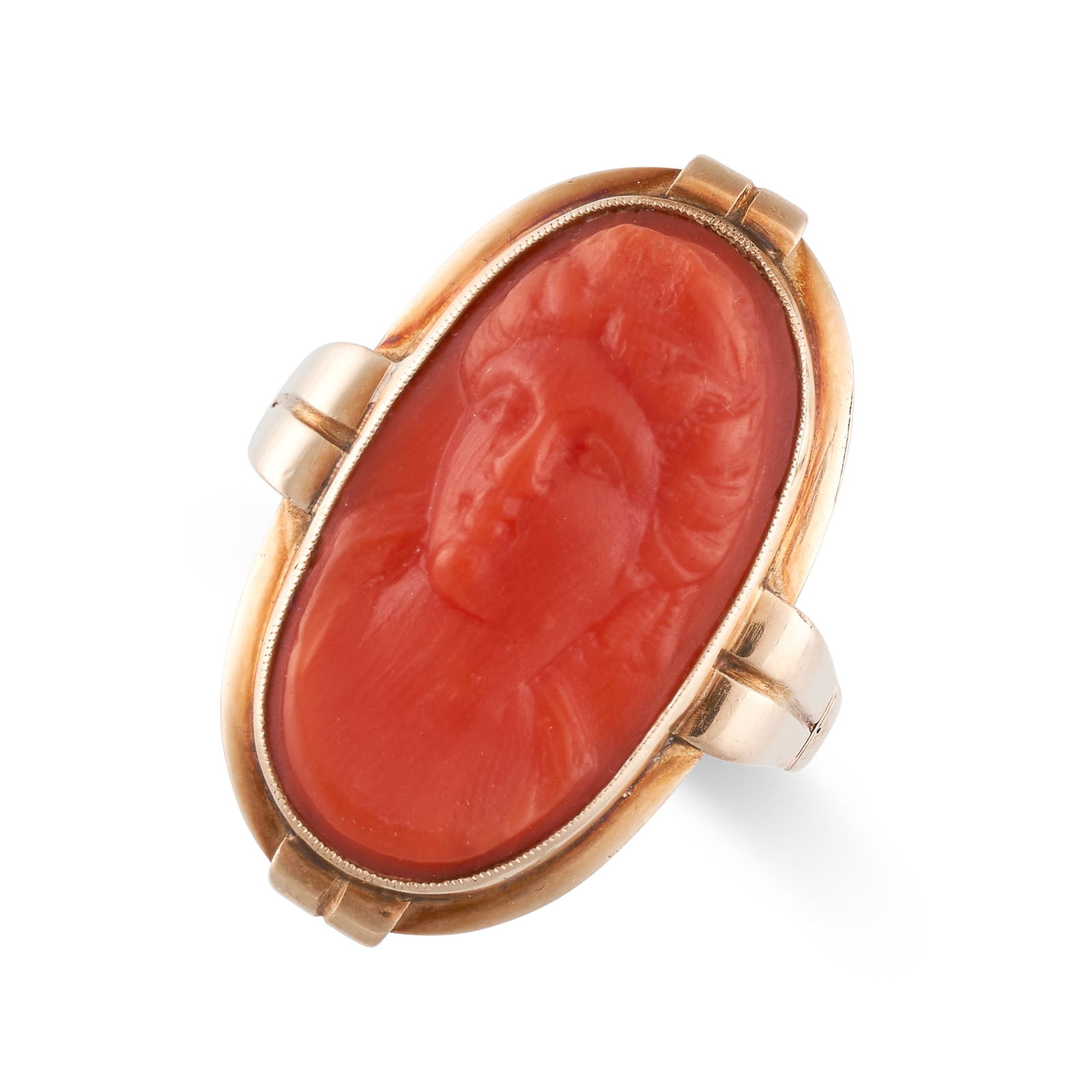 A VINTAGE CORAL CAMEO RING in 14ct yellow gold, the (1 of 2)
