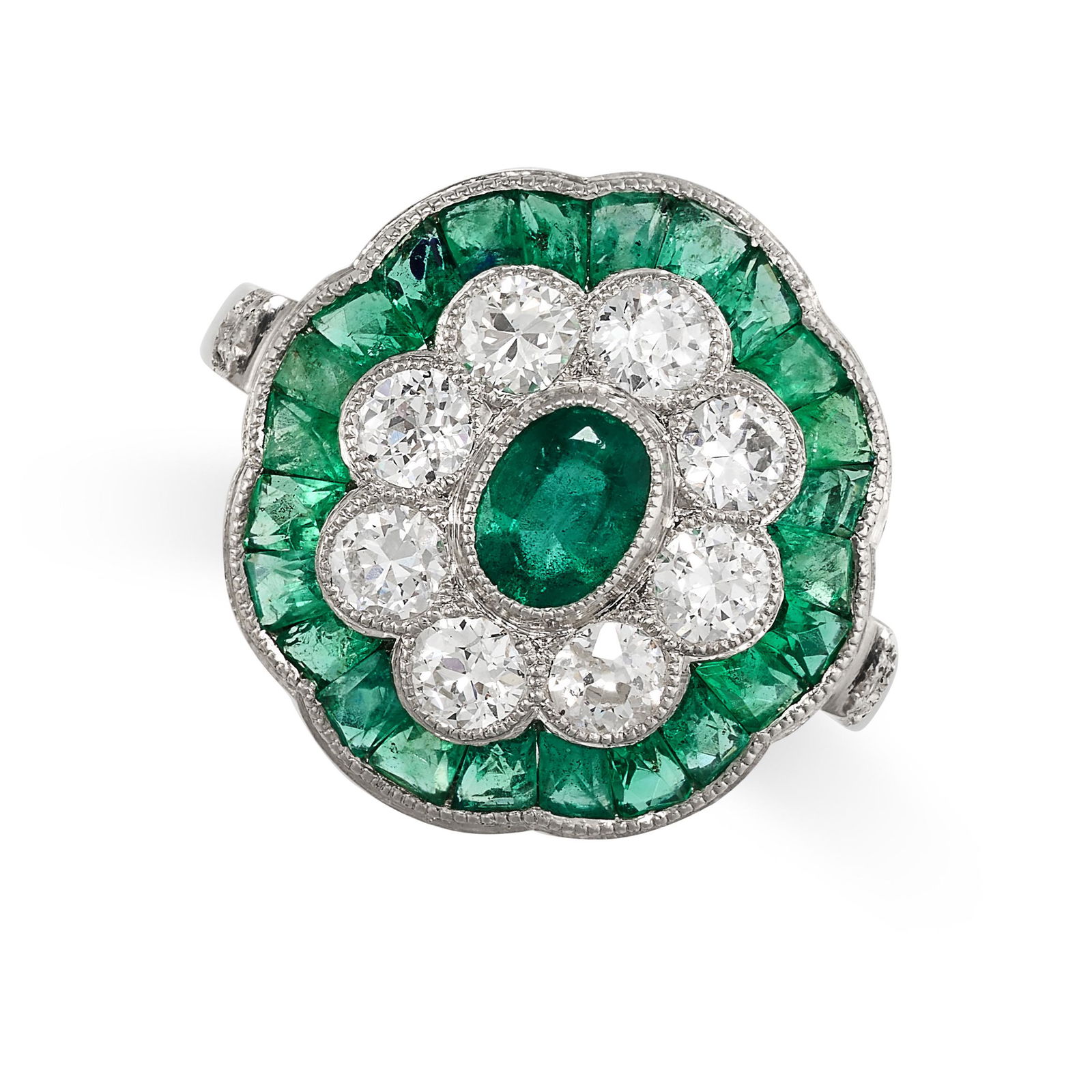 AN EMERALD AND DIAMOND CLUSTER DRESS RING set with an (1 of 2)