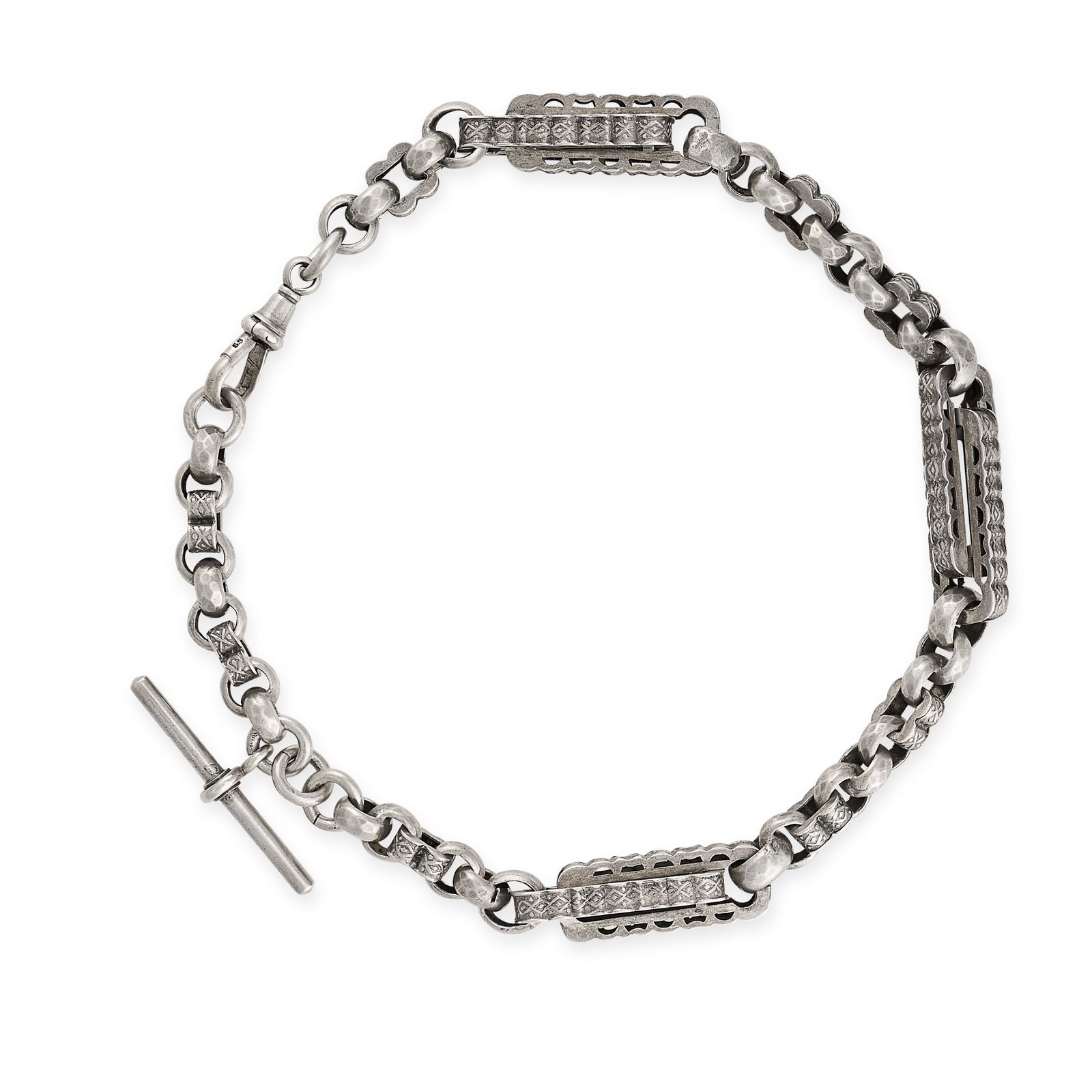AN ANTIQUE SILVER T-BAR WATCH CHAIN formed of a series: AN ANTIQUE SILVER T-BAR WATCH CHAIN formed of a series of fancy links with various textured and engraved designs to the links, with T-bar suspended, stamped Sterling, maker's mark CDB, 35.5cm, 47.7g. 