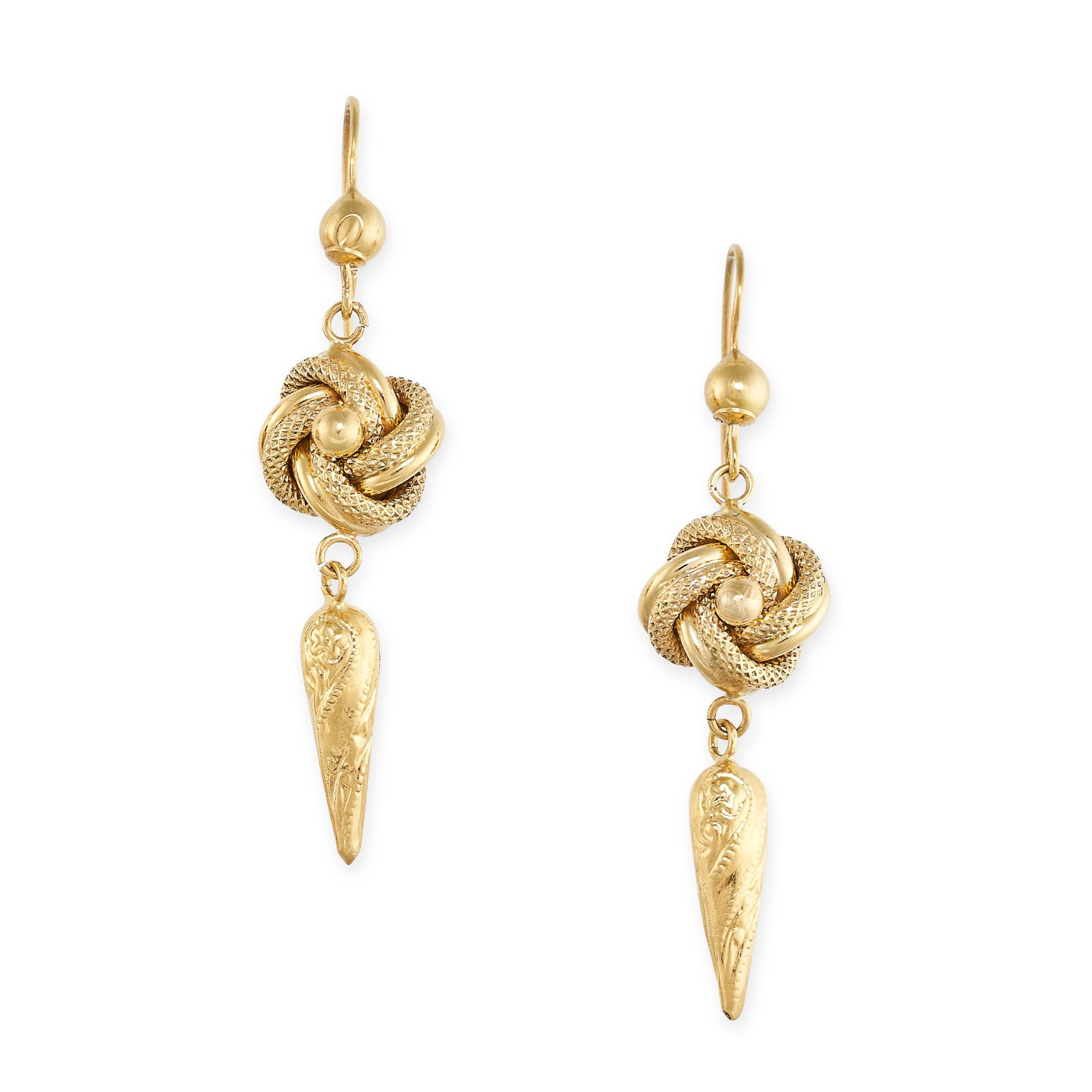 A PAIR OF ANTIQUE LOVERS KNOT DROP EARRINGS in yellow: A PAIR OF ANTIQUE LOVERS KNOT DROP EARRINGS in yellow gold, the articulated bodies formed of a series of beads, knotted links and tapering drops, with textured chasing to the surfaces, no assay marks,