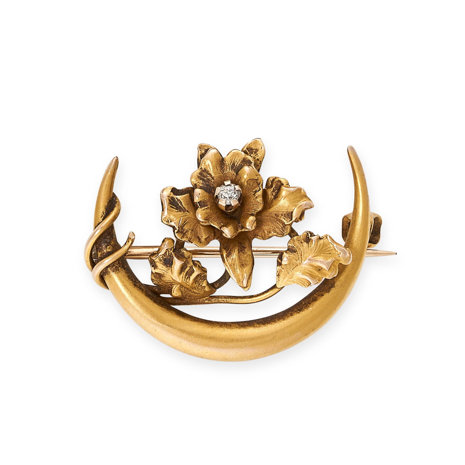 AN ANTIQUE DIAMOND CRESCENT MOON BROOCH in yellow gold, (1 of 1)