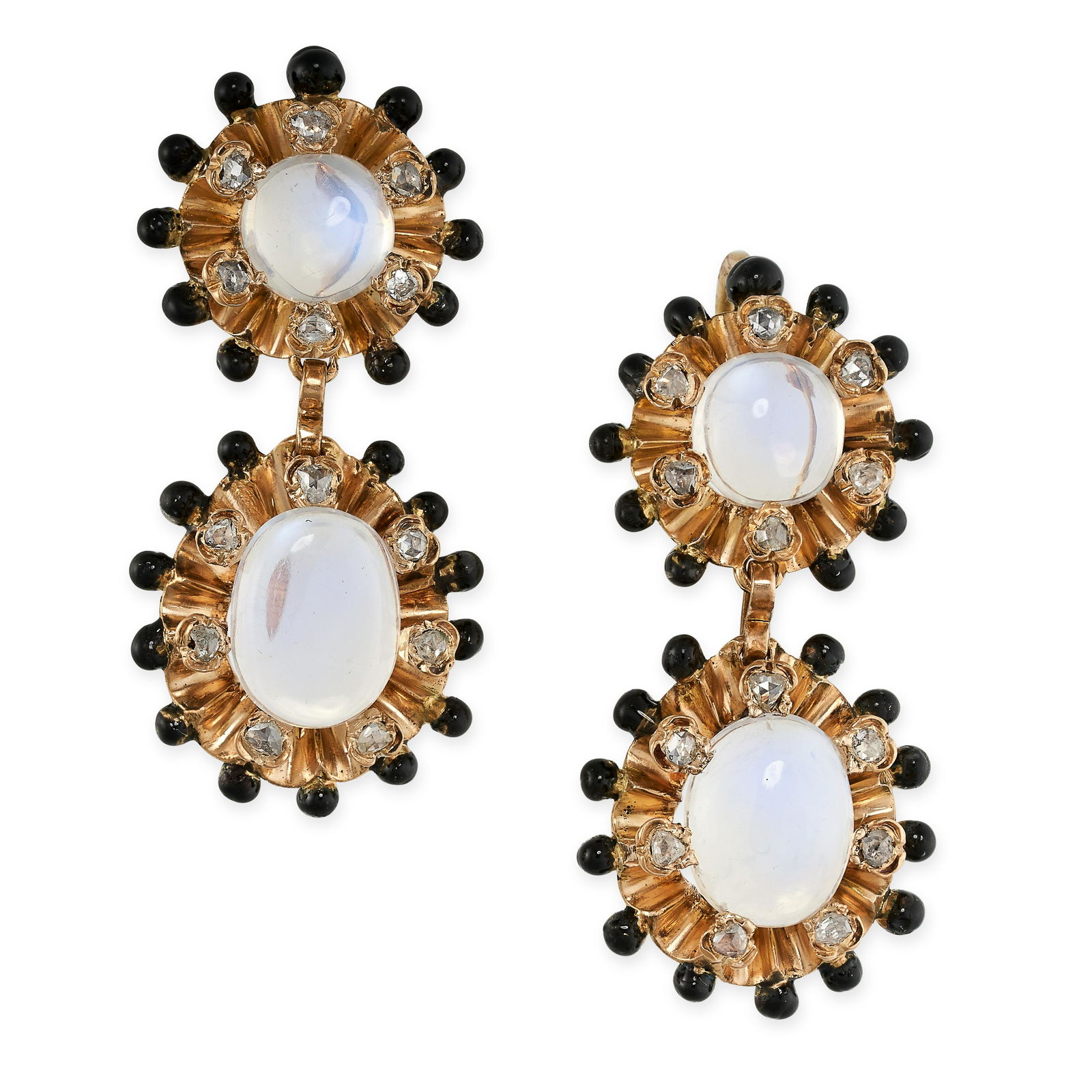 A PAIR OF MOONSTONE, DIAMOND AND ENAMEL DROP EARRINGS (1 of 1)