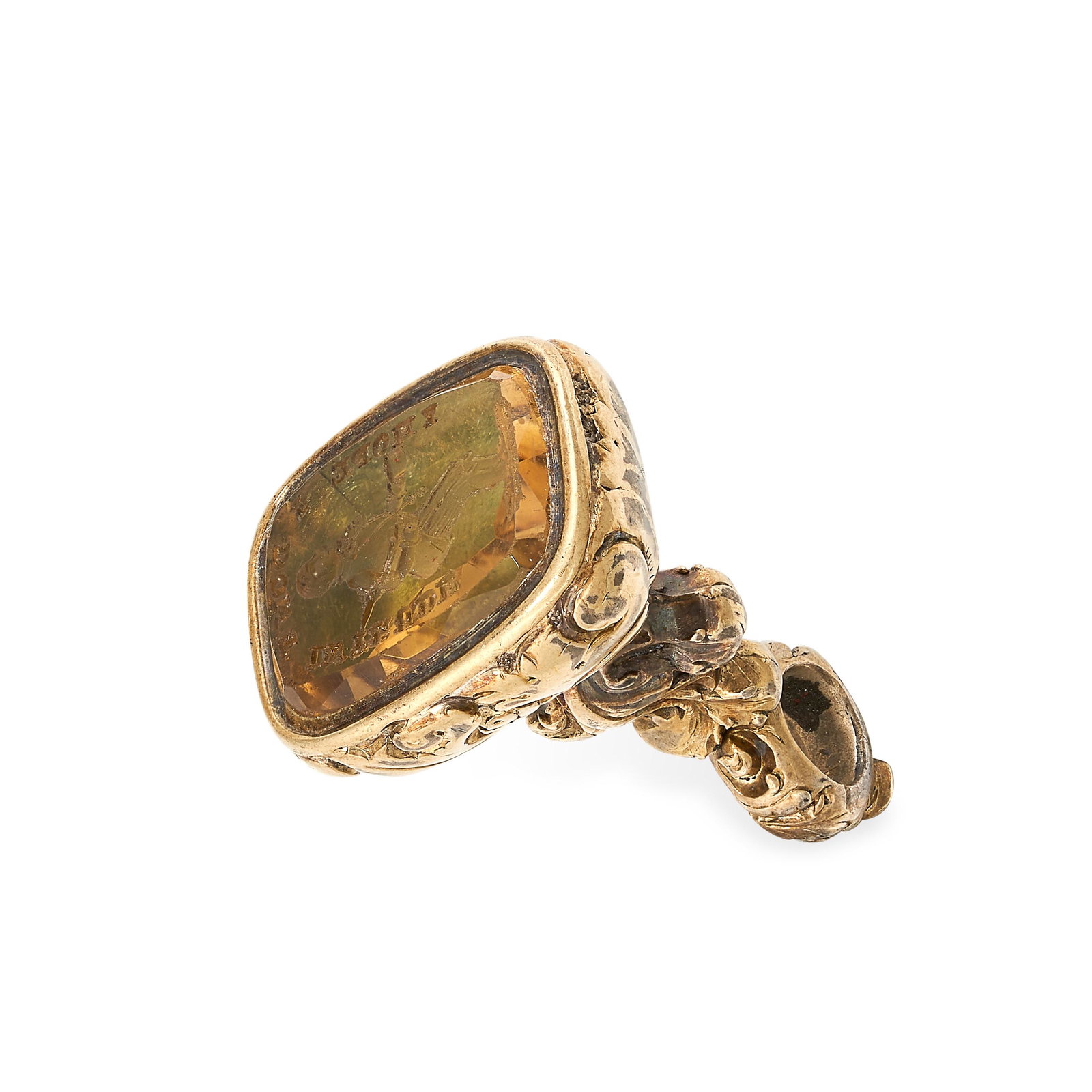 AN ANTIQUE CITRINE INTAGLIO FOB SEAL PENDANT of: AN ANTIQUE CITRINE INTAGLIO FOB SEAL PENDANT of scrolling foliate design, set with a carved citrine seal, inscribed 'I hope I do not intrude' around a crouching man, no assay marks, 2.7cm, 8.4g.