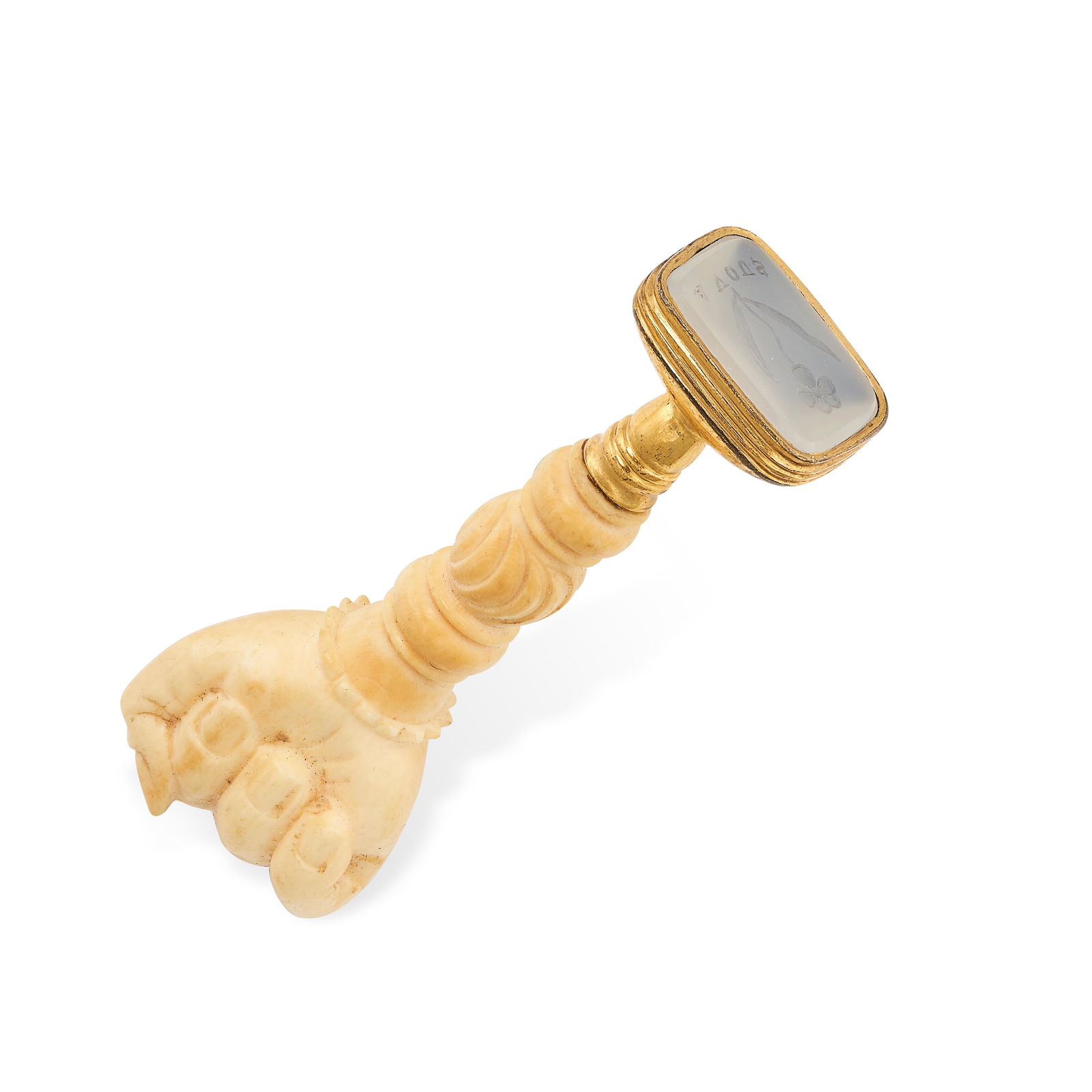 AN AN ANTIQUE IVORY AND CHALCEDONY HAND SEAL set with a (1 of 1)