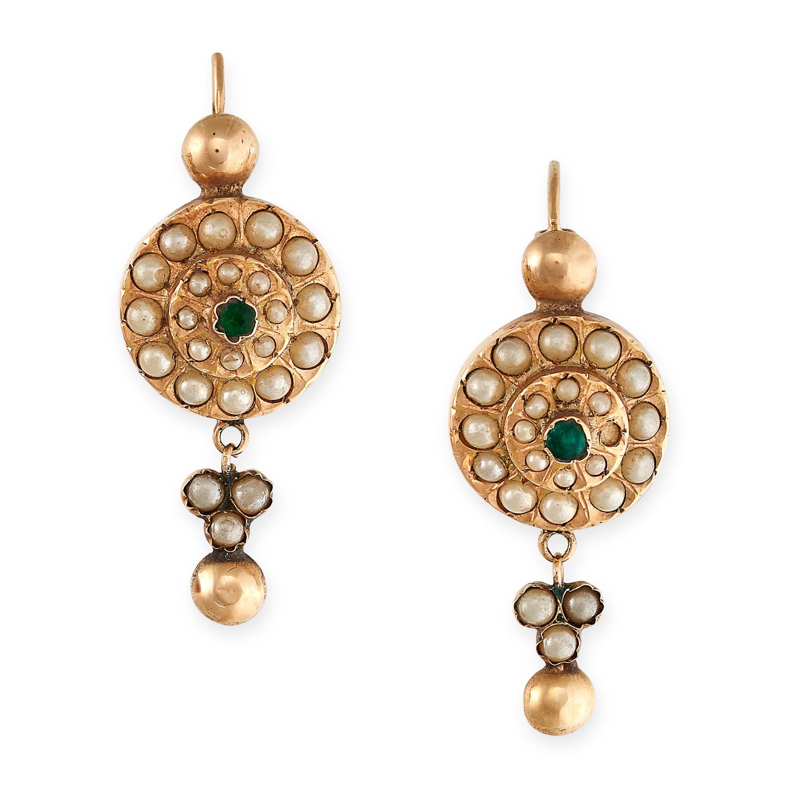 NO RESERVE - A PAIR OF ANTIQUE PEARL AND GREEN GEMSTONE: NO RESERVE - A PAIR OF ANTIQUE PEARL AND GREEN GEMSTONE DROP EARRINGS in 18ct yellow gold, comprising cluster of pearls set with a central round cut green gemstone, suspending a drop set with a trio o