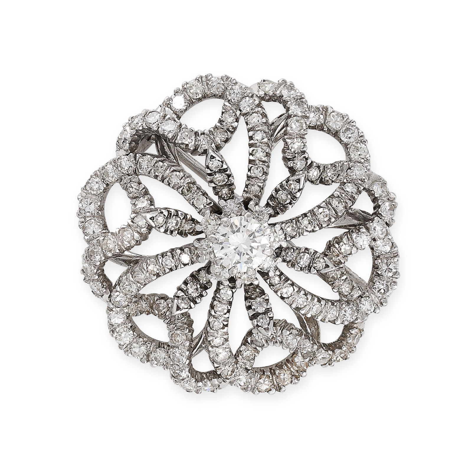 A DIAMOND BROOCH the scrolling body set throughout with round cut diamonds and a central diamond of (1 of 1)