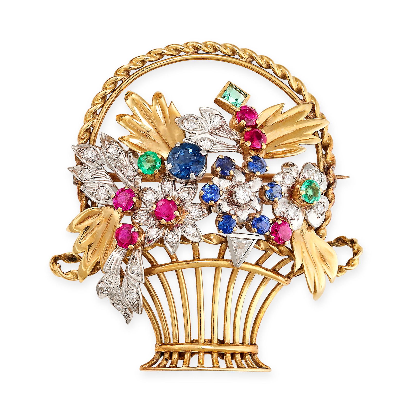 A VINTAGE GEMSET FLOWER BASKET BROOCH in 18ct yellow gold and platinum, designed as a basket of (1 of 1)