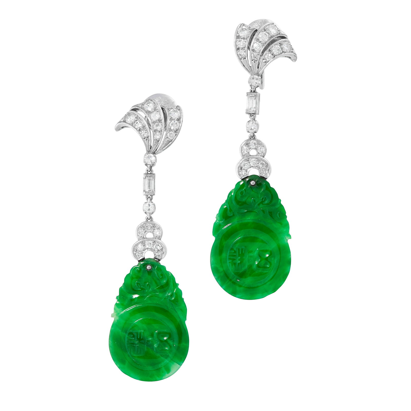 A PAIR OF JADEITE JADE AND DIAMOND EARRINGS each formed of a scrolling motif above a geometric (1 of 1)
