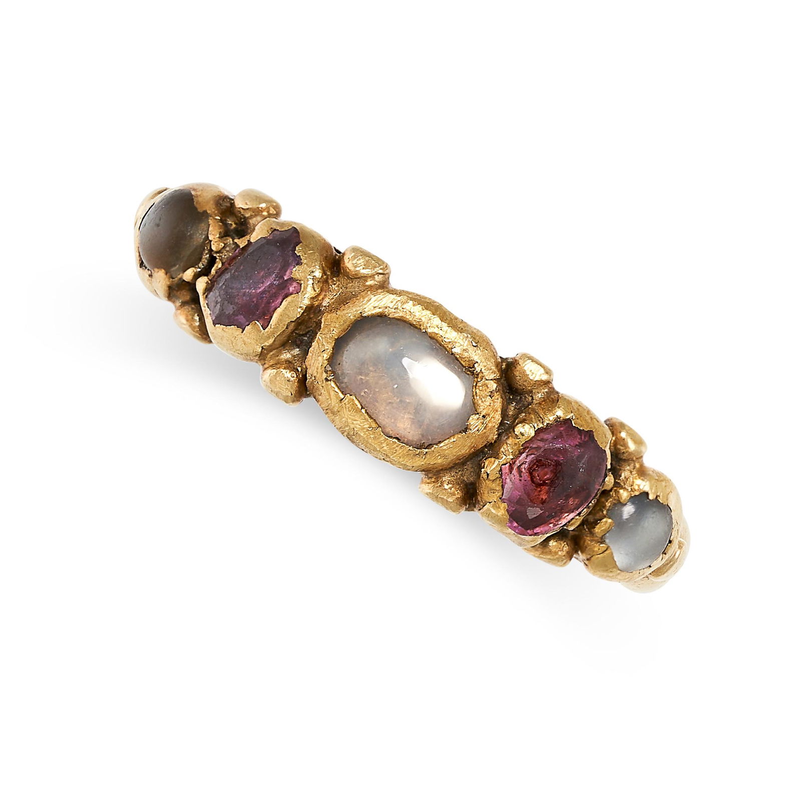 AN ANTIQUE GARNET AND MOONSTONE RING in yellow gold, set with alternating oval cut garnets and (1 of 2)
