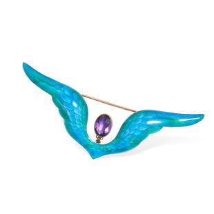 CHILD AND CHILD, AN ANTIQUE ENAMEL AND AMETHYST WING BROOCH, 19TH CENTURY in silver and yellow gold,: CHILD AND CHILD, AN ANTIQUE ENAMEL AND AMETHYST WING BROOCH, 19TH CENTURY in silver and yellow gold, designed to depict wings, relieved in varicoloured green and blue enamel, accented by an oval cut a