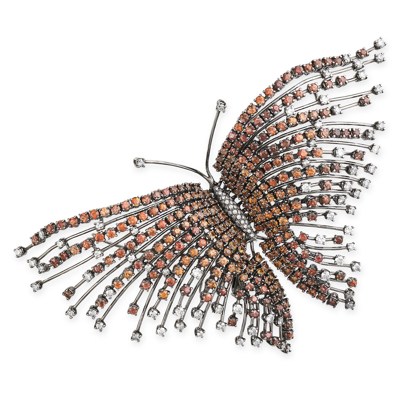 A BROWN AND WHITE DIAMOND BUTTERFLY BROOCH / PENDANT designed as a butterfly, the wings set with (1 of 1)