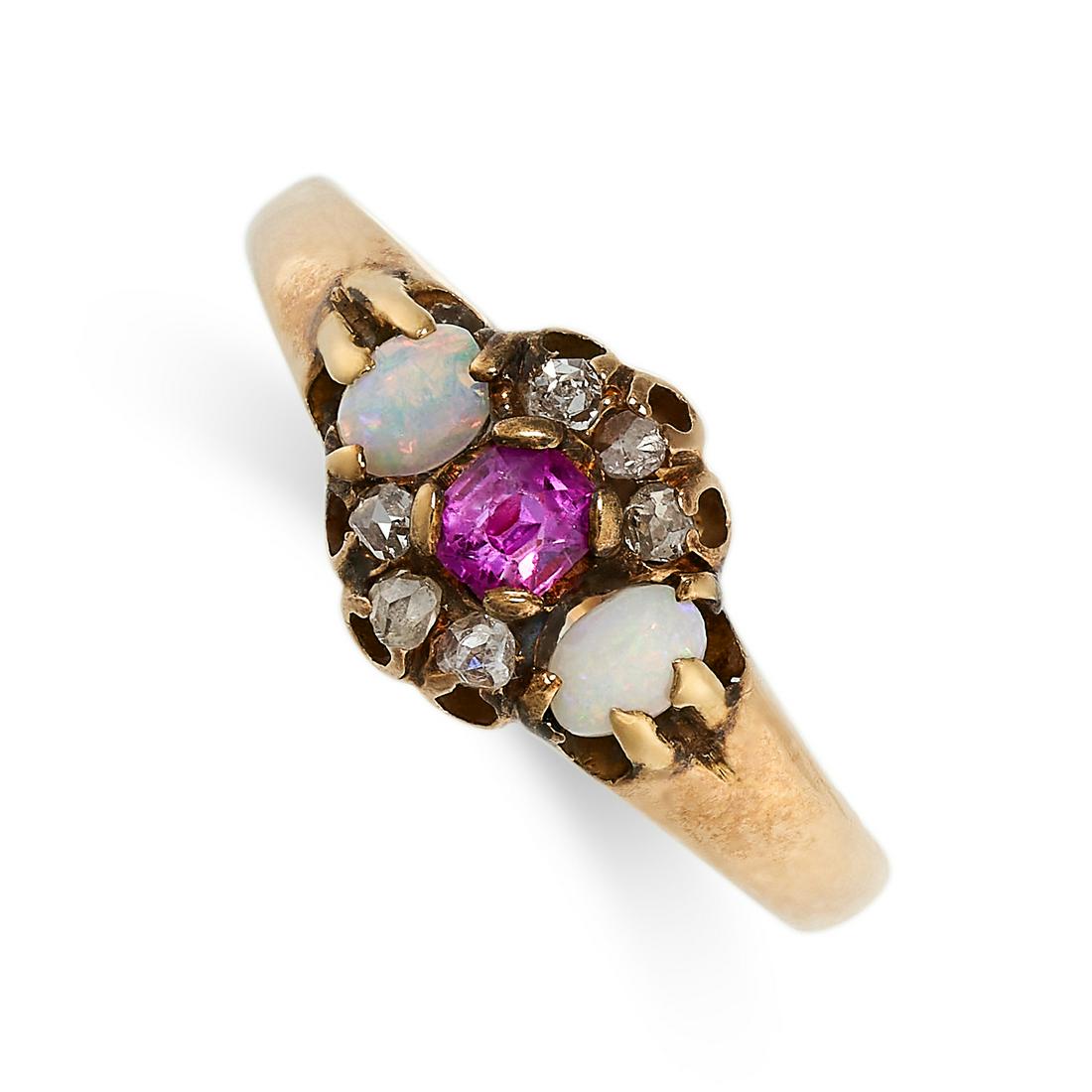 AN ANTIQUE RUBY, OPAL AND DIAMOND RING, 19TH CENTURY in yellow gold, set with a cushion cut ruby (1 of 2)