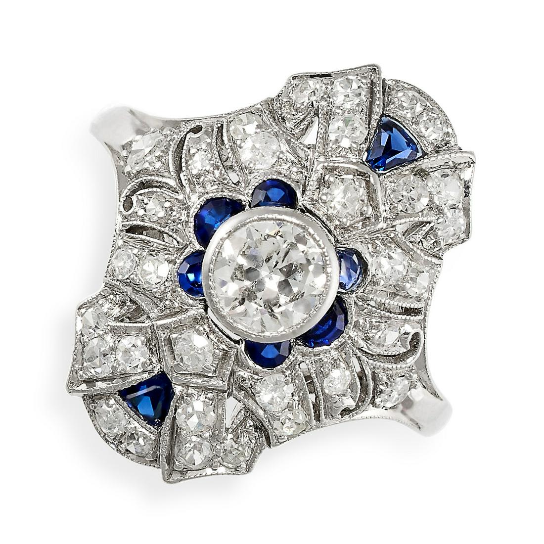 A DIAMOND AND SAPPHIRE DRESS RING the pierced face set with a principal old cut diamond, accented by (1 of 2)