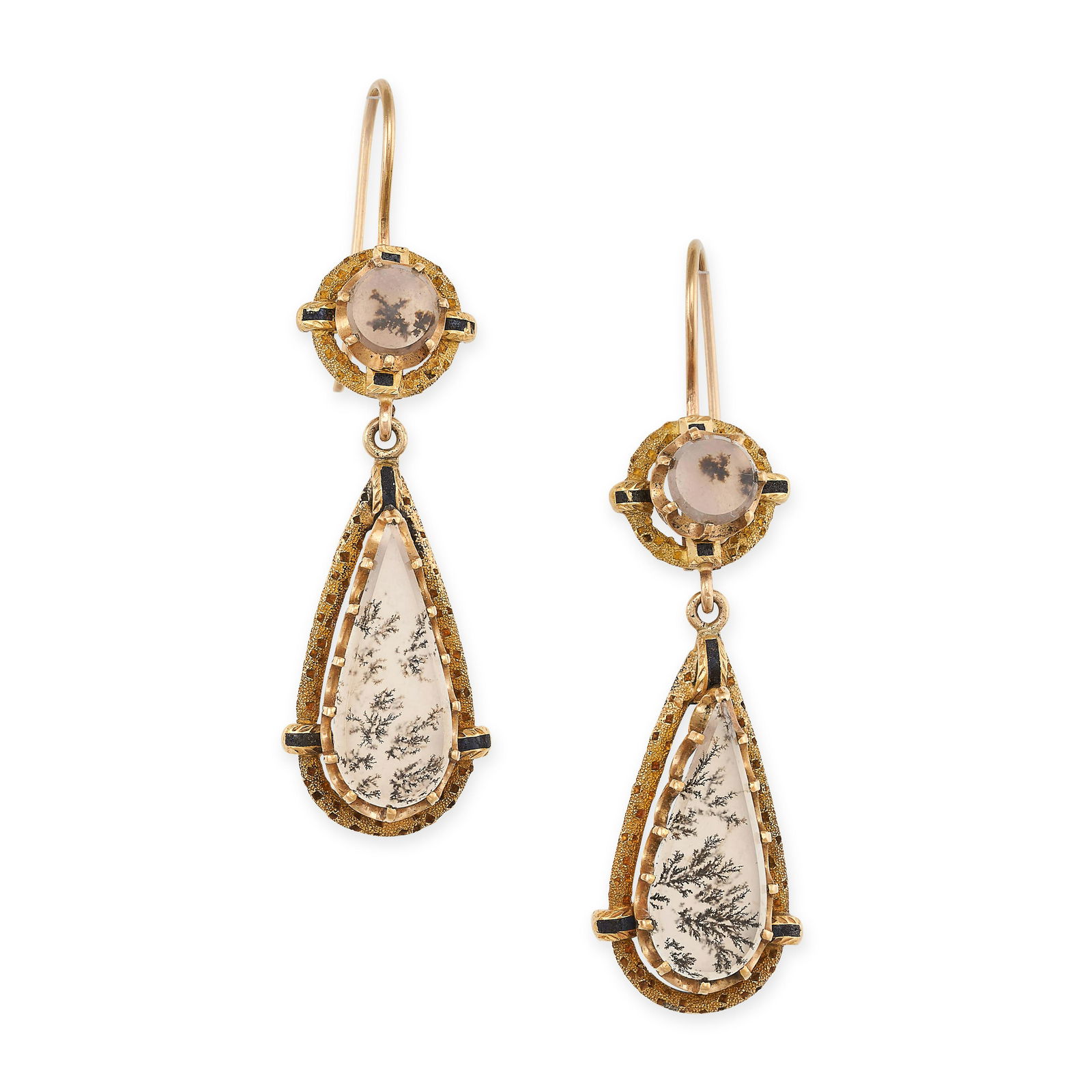 AN ANTIQUE MOSS AGATE AND ENAMEL DEMI PARURE comprising a pair of earrings and a brooch, the (1 of 2)