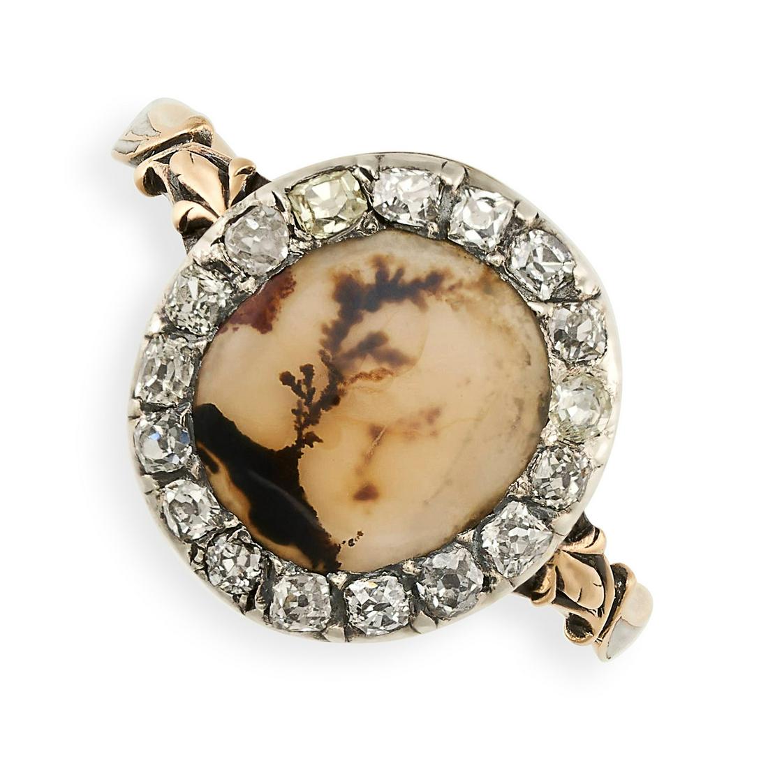 AN ANTIQUE DENDRITIC AGATE, DIAMOND AND ENAMEL MOURNING RING, CIRCA 1767 in yellow gold and silver, (1 of 2)
