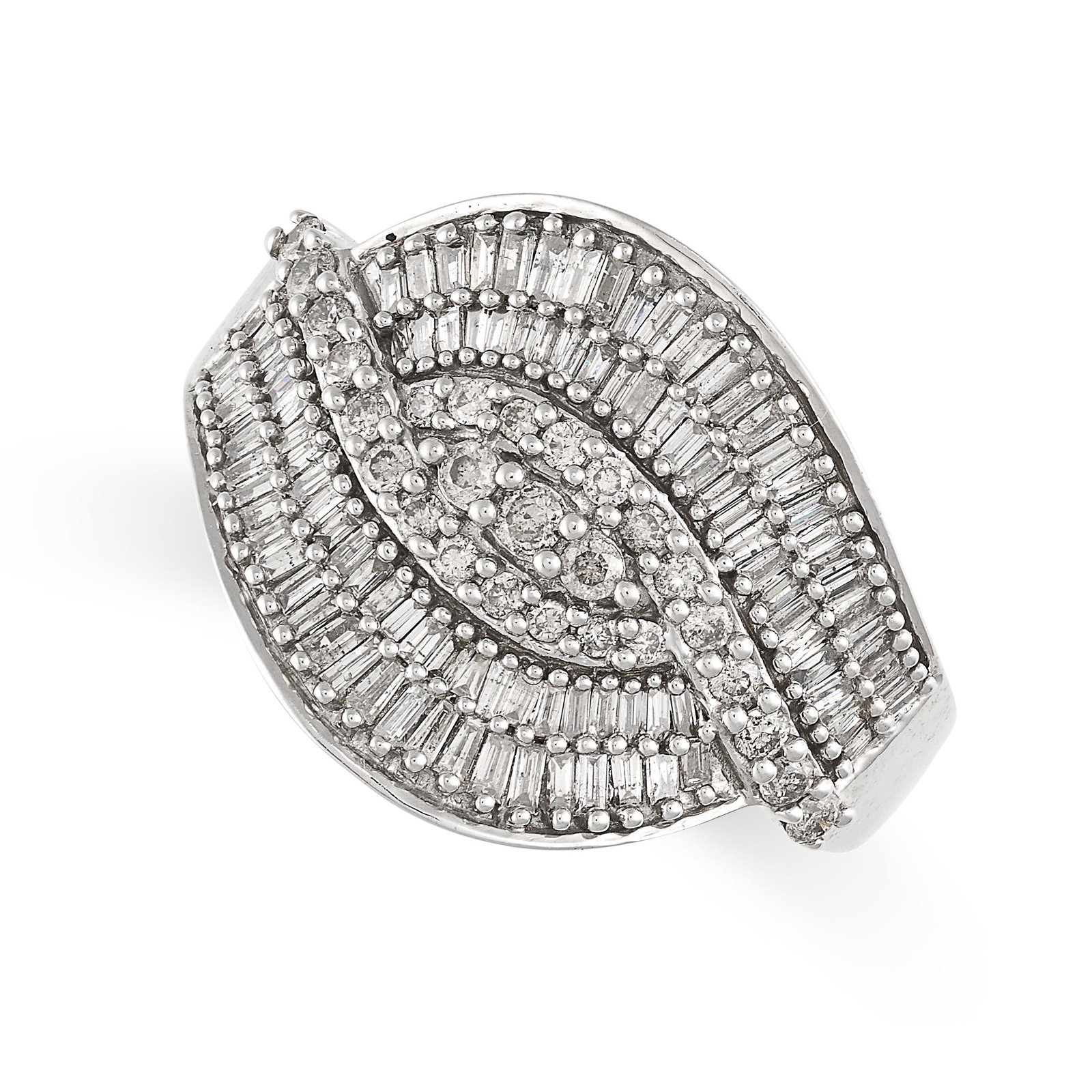 A DIAMOND DRESS RING in scrolling design, pave set with round and baguette cut diamonds, no assay (1 of 2)
