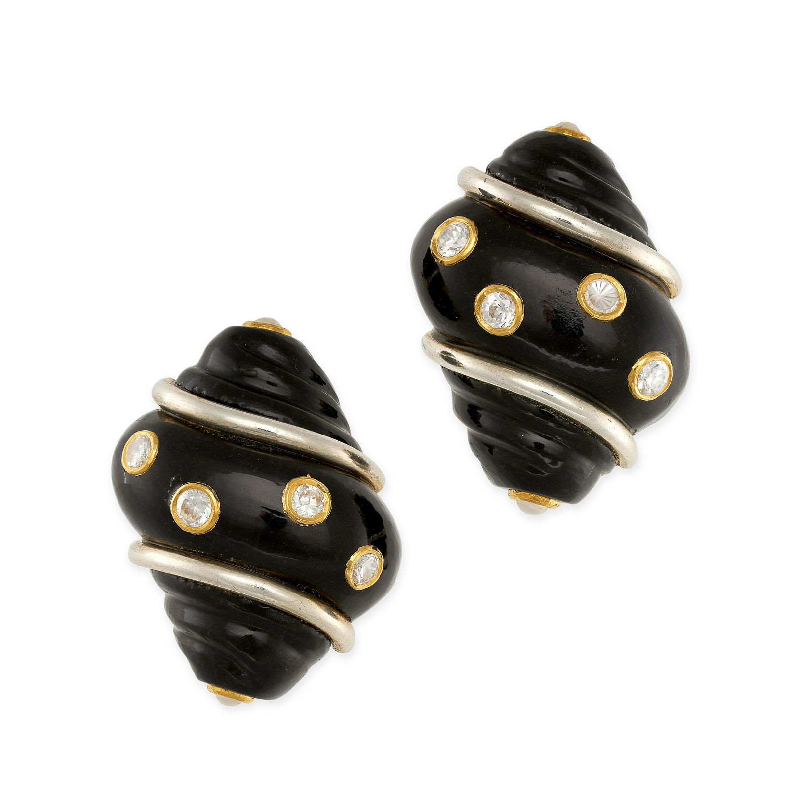 A PAIR OF VINTAGE ONYX, DIAMOND AND PEARL TURBO SHELL CLIP EARRINGS in 18ct yellow gold, each (1 of 1)