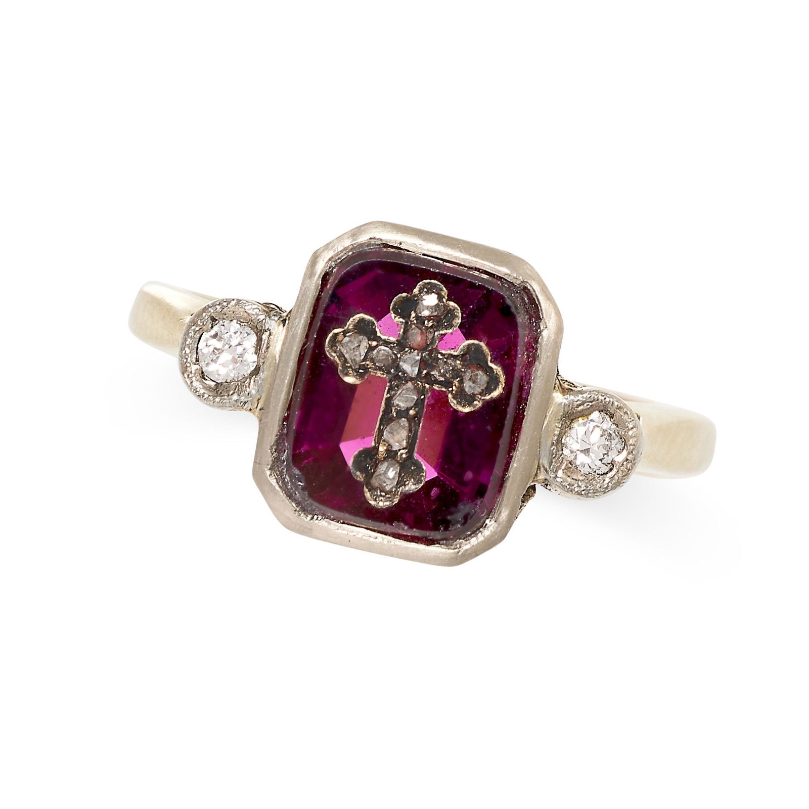 A GARNET AND DIAMOND RING in yellow gold, set with a faceted garnet inlaid with a rose cut diamond (1 of 2)