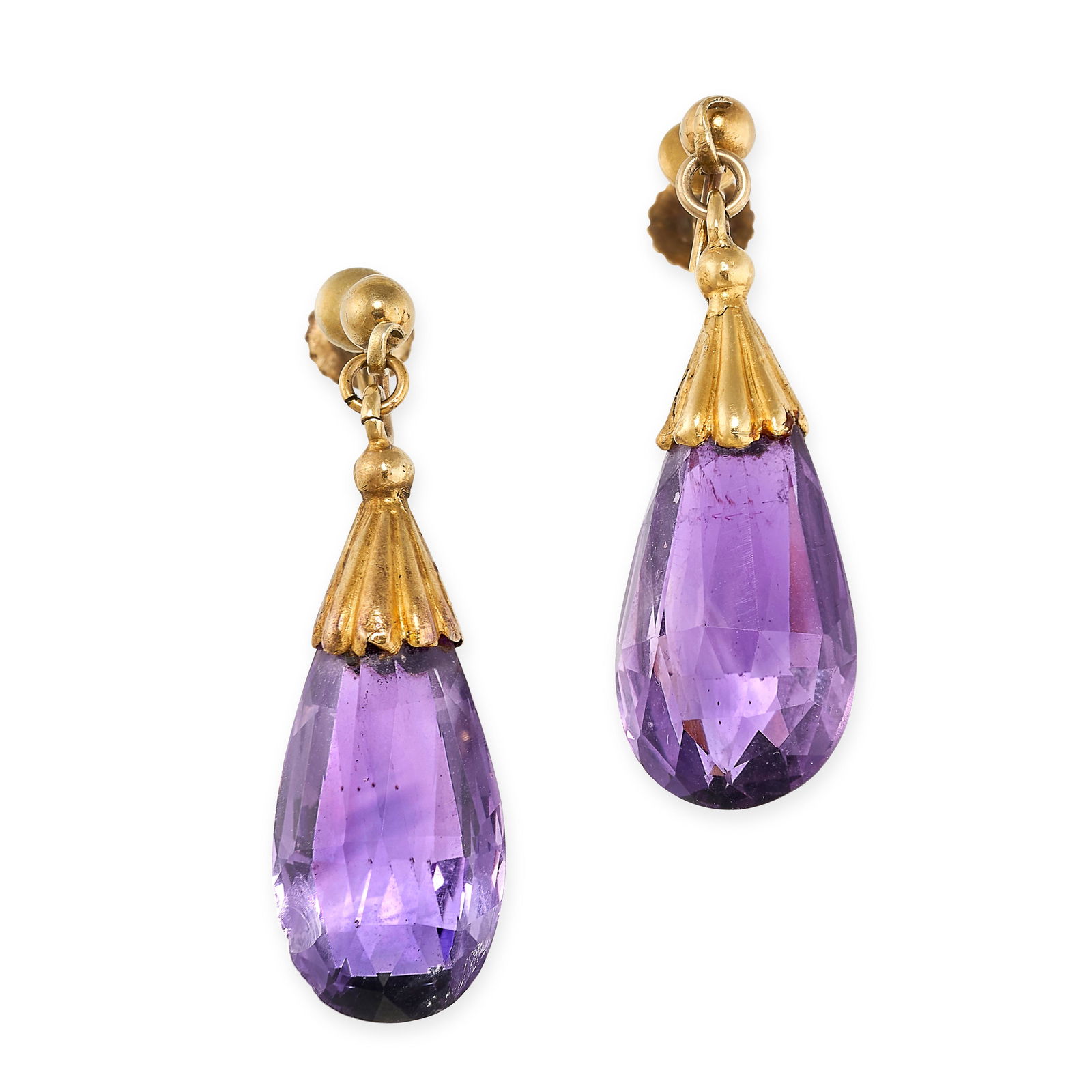A PAIR OF VINTAGE AMETHYST EARRINGS in 9ct yellow gold, each set with a briolette amethyst drop, (1 of 1)