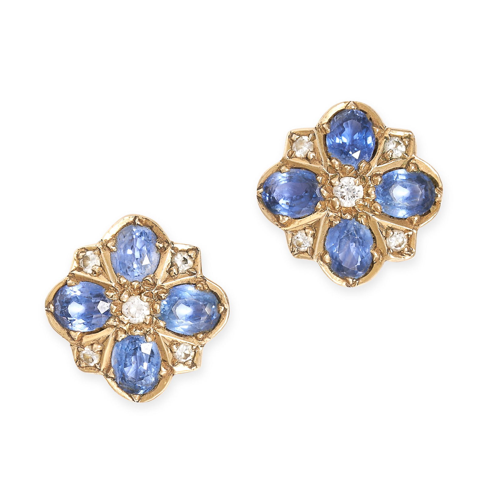 A PAIR OF SAPPHIRE AND DIAMOND STUD EARRINGS each set with four oval cut sapphires accented by (1 of 1)